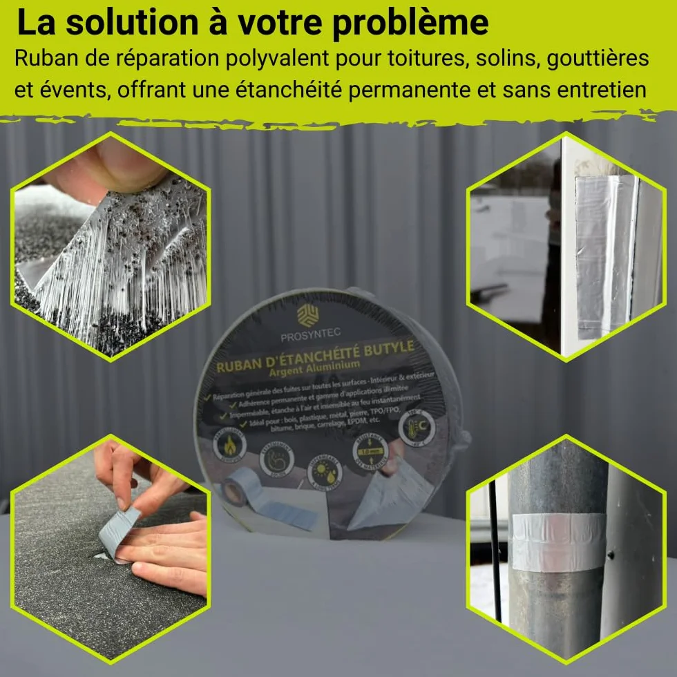 Ruban butyle aluminium autocollant 5cm x 10m étanche pour toiture gouttière solin anti-fuite UV temps extrêmes