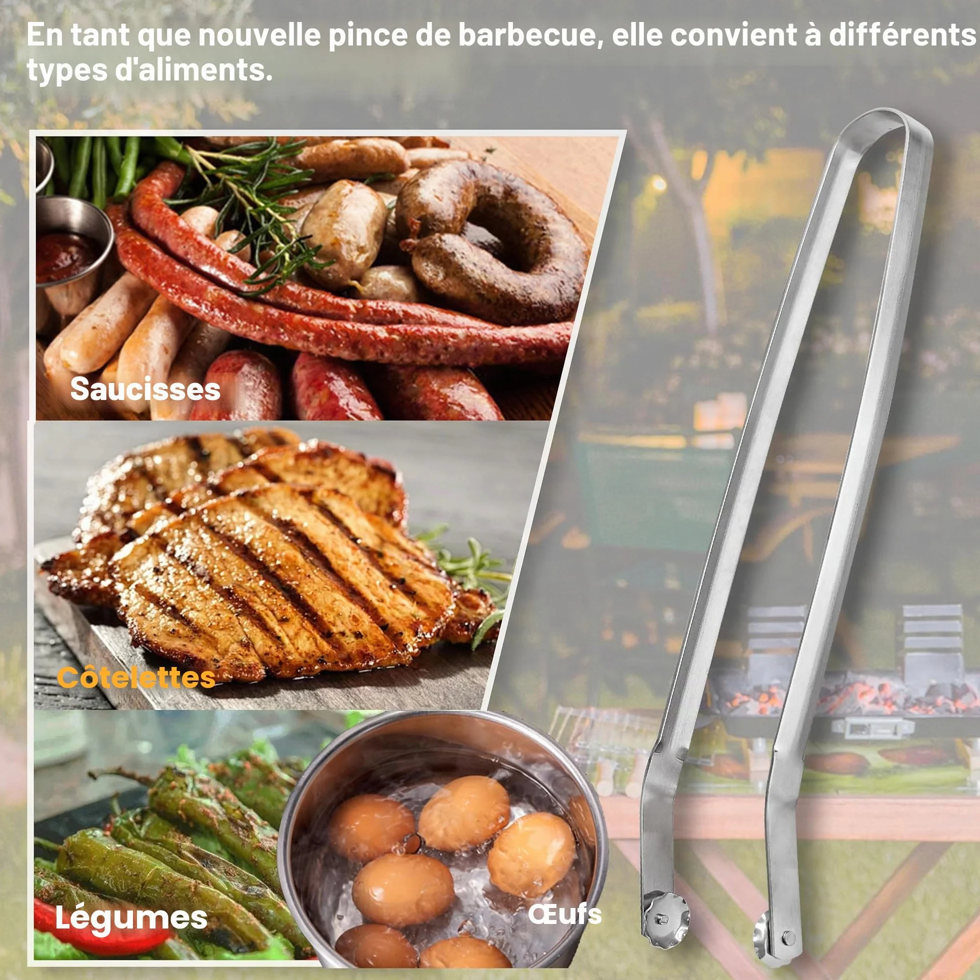 Pince Barbecue INOX à Roulette - 40 cm - Ustensile Professionnel pour Griller, Cuisson et Buffet Extérieur - Idéale pour Saucisses, Viande, Salade et Fruits