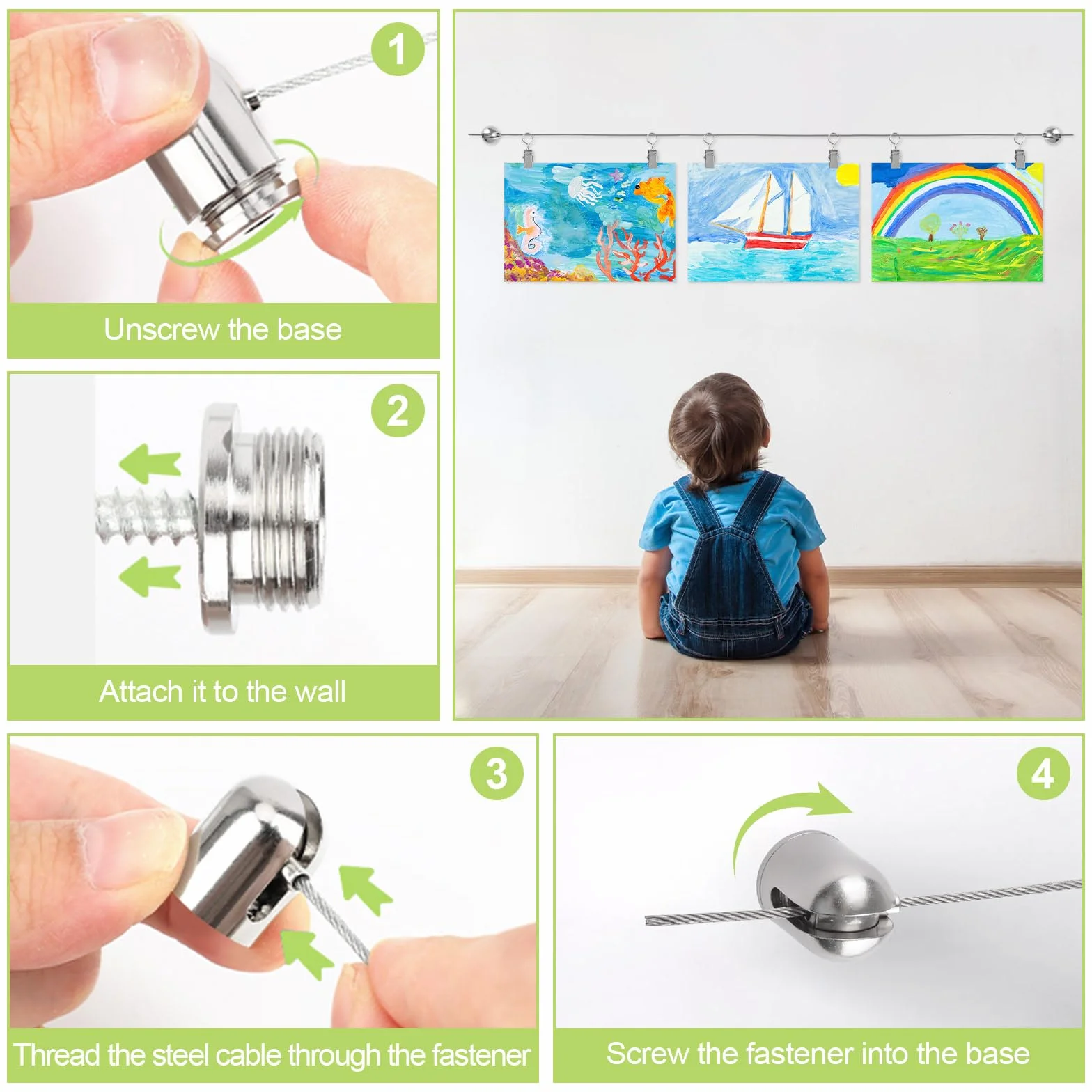 Kit de fil de suspension pour œuvres d'enfants avec clips réglables, décoration murale, 3 m