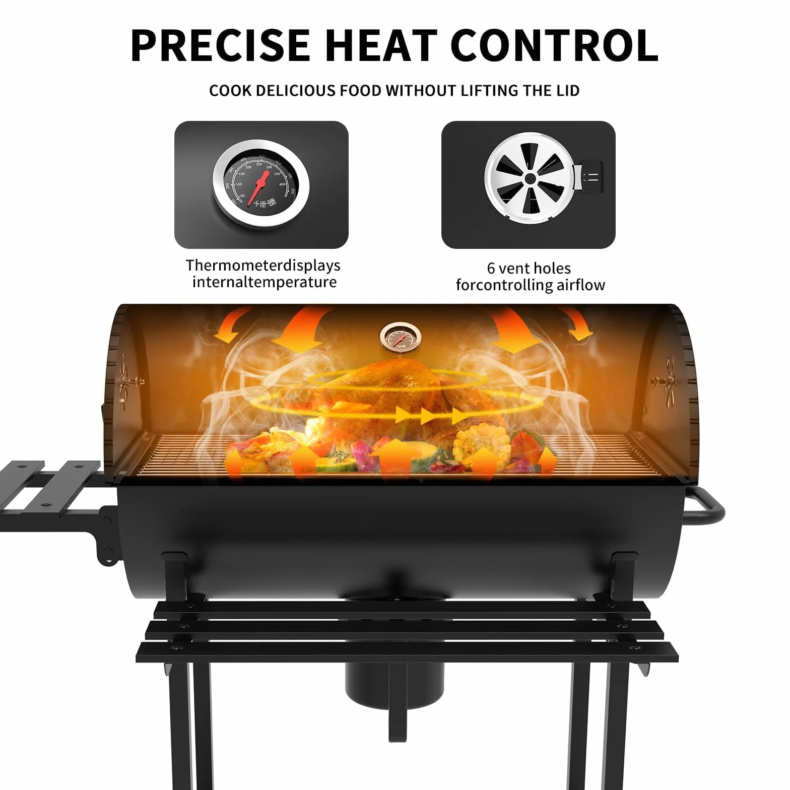 TEENO Chariot à Barbecue de Bois,Grill XXL à Charbon avec Couvercle, Thermomètre,Tiroir à Cendres,Comprend une housse en tissu imperméable et anti-poussière, Évent Réglable