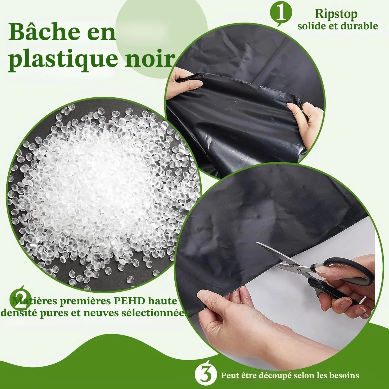 KAHEIGN 2m x 10m Bâche En Polyéthylène Noir, 2mil D'épaisseur Couverture De Polytunnel De Culture De Jardin Membrane Horticole En Polyéthylène Pour L'isolation De Jardinage (125mu/500g)