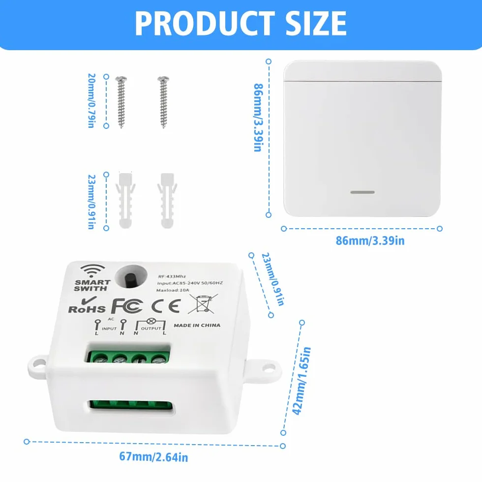 Interrupteur Sans Fil 433MHz Kit Télécommandé 1 Émetteur 2 Contrôleurs Maison Intelligente