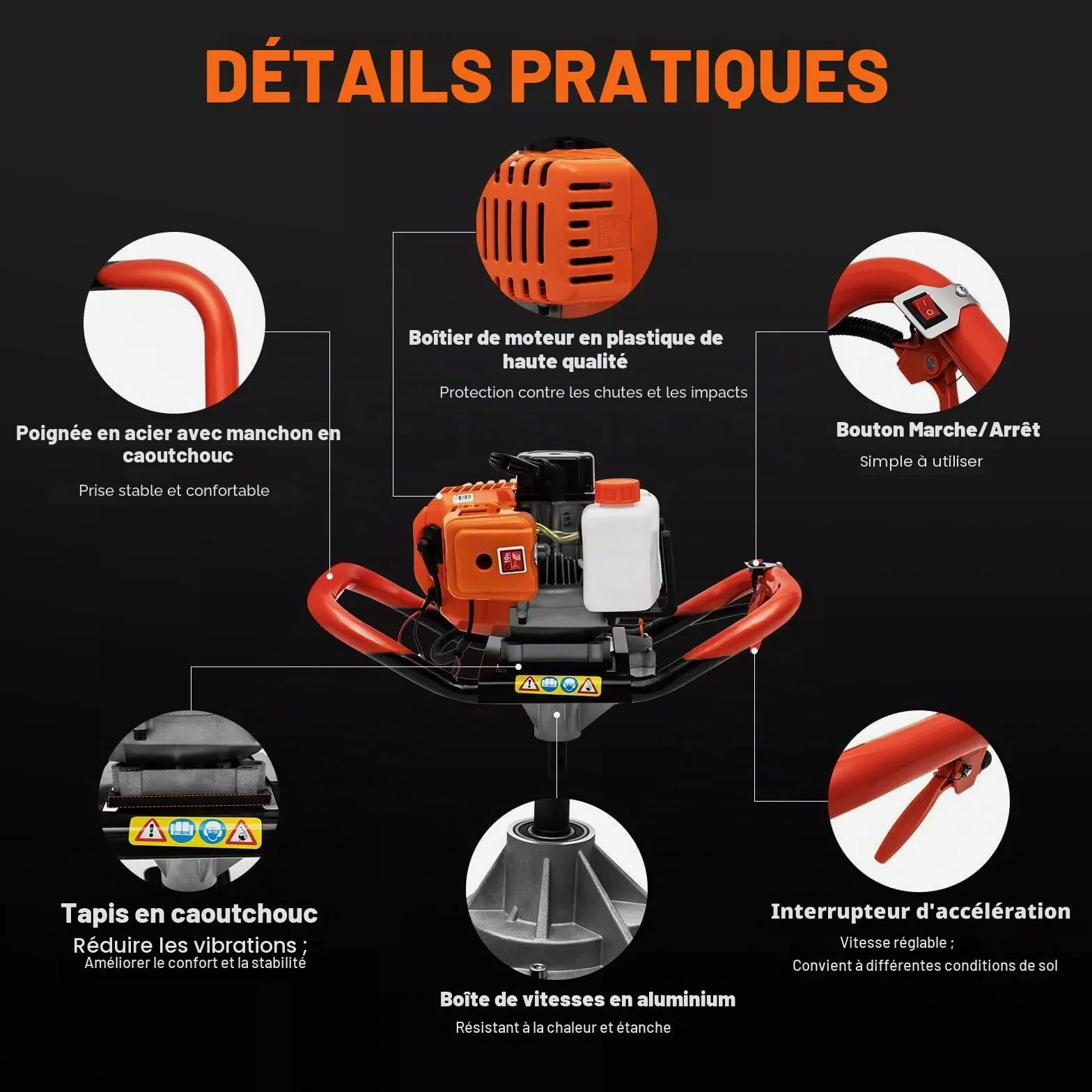 Tarière 52 cc 2 temps pour clôtures, plantes et poteaux - Livré avec embouts de 4", 6" et 8", 2,4 CV de puissance et embouts à changement rapide