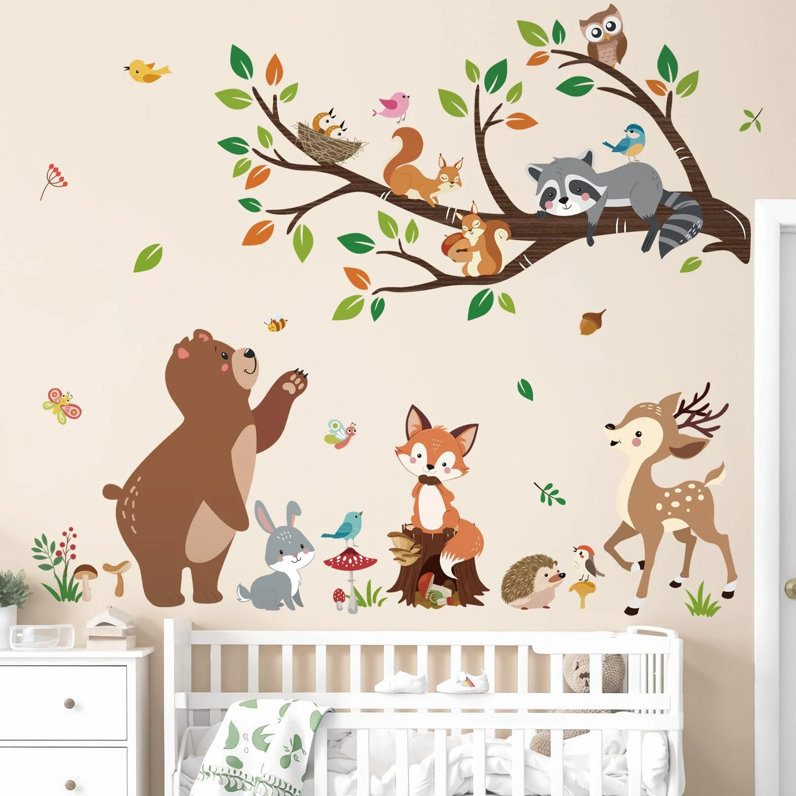 Autocollant Mural Animaux Forêt Arbre Branche Ours Renard Cerf Décoration Murale Bébé Chambre Enfants
