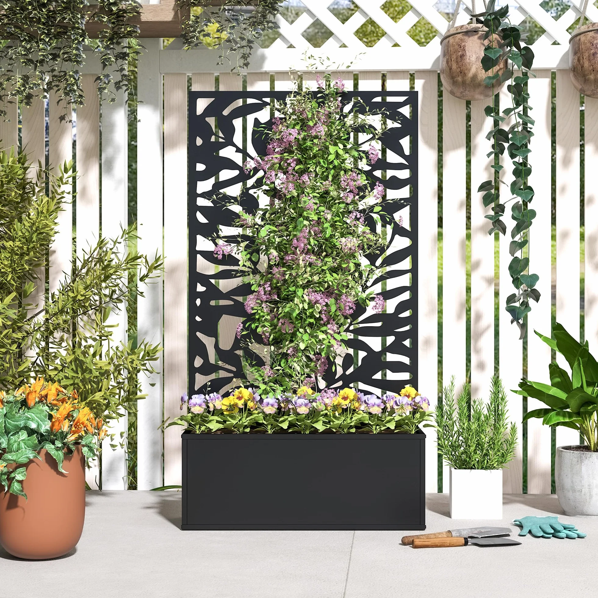 Outsunny Jardinière avec Treillis Brise-Vue Métal 61x23x113cm Noir
