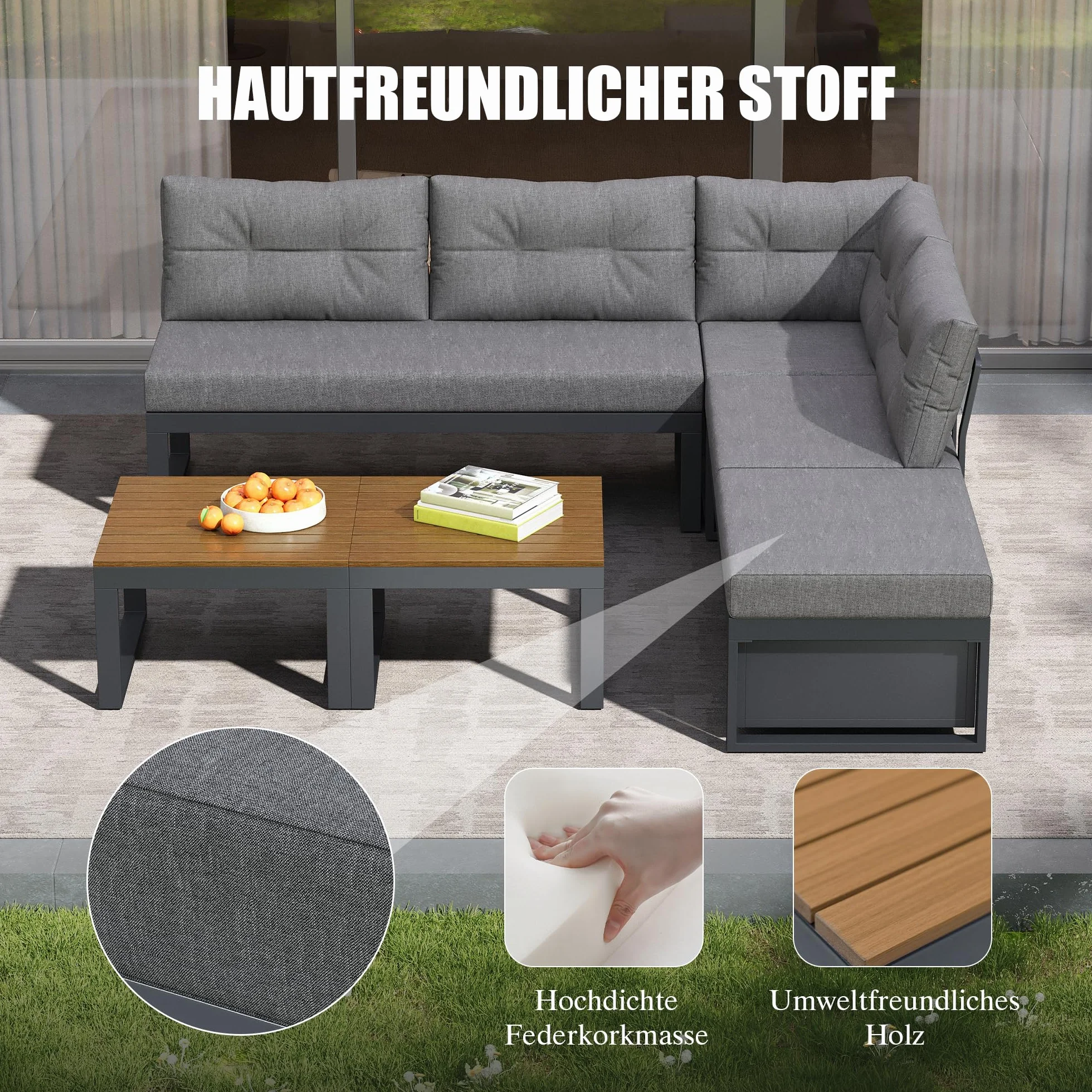 Salon de jardin d'extérieur multifonction, canapé d'angle modulable 5 places résistant aux intempéries, doté de dossiers réglables avec fonction d'inclinaison, d'un espace de rangement et de coussins
