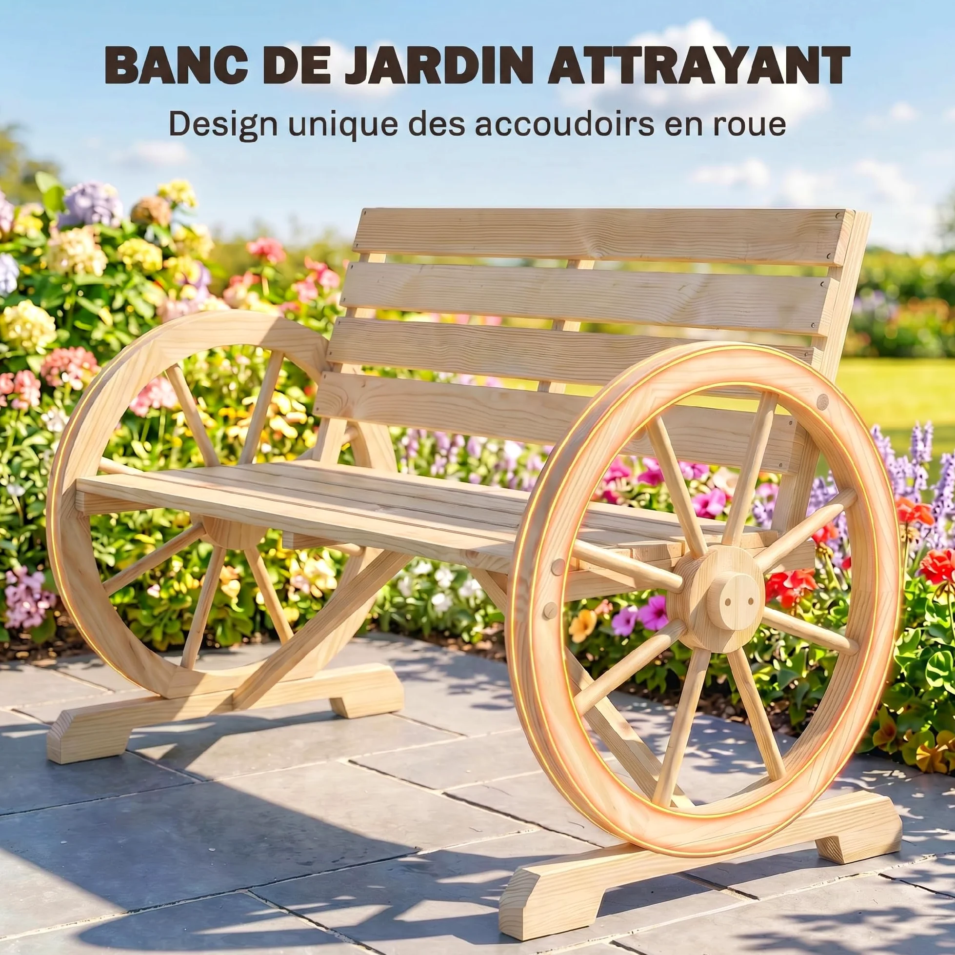 Outsunny Banc de Jardin Banc 3 Places Banc en Bois Style Rustique Chic accoudoirs Roues Charette Bois Sapin Effet Bois Naturel
