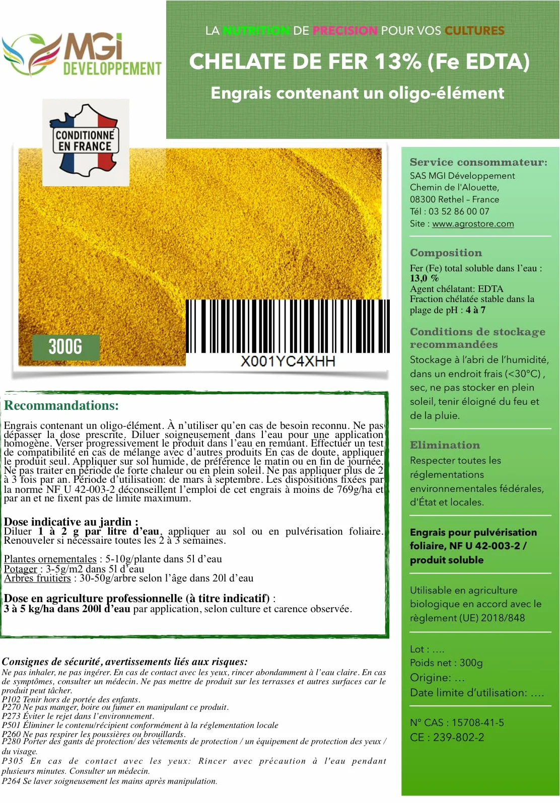 300 gr - Chélate de Fer 13% EDTA – Anti-Chlorose – Fertilisant Reverdissant – 100% Soluble – Utilisable en Agriculture Biologique – Conditionné en France dans une PME