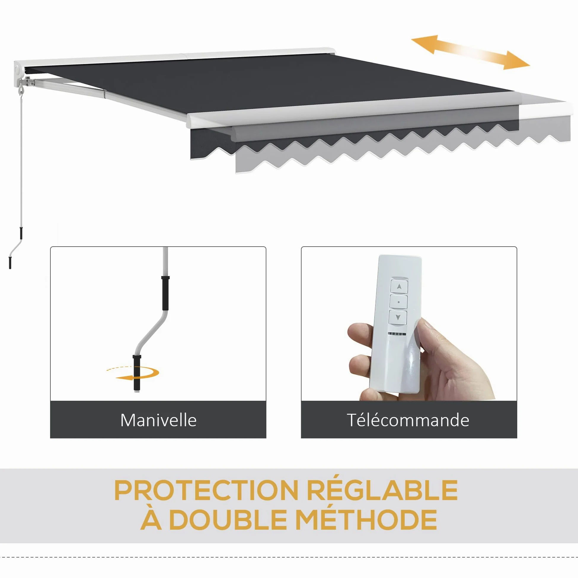 Outsunny Store banne électrique et Manuel rétractable dim. 295L x 250l cm télécommande fournie Aluminium Polyester Haute densité imperméabilisé Anti-UV, Gris