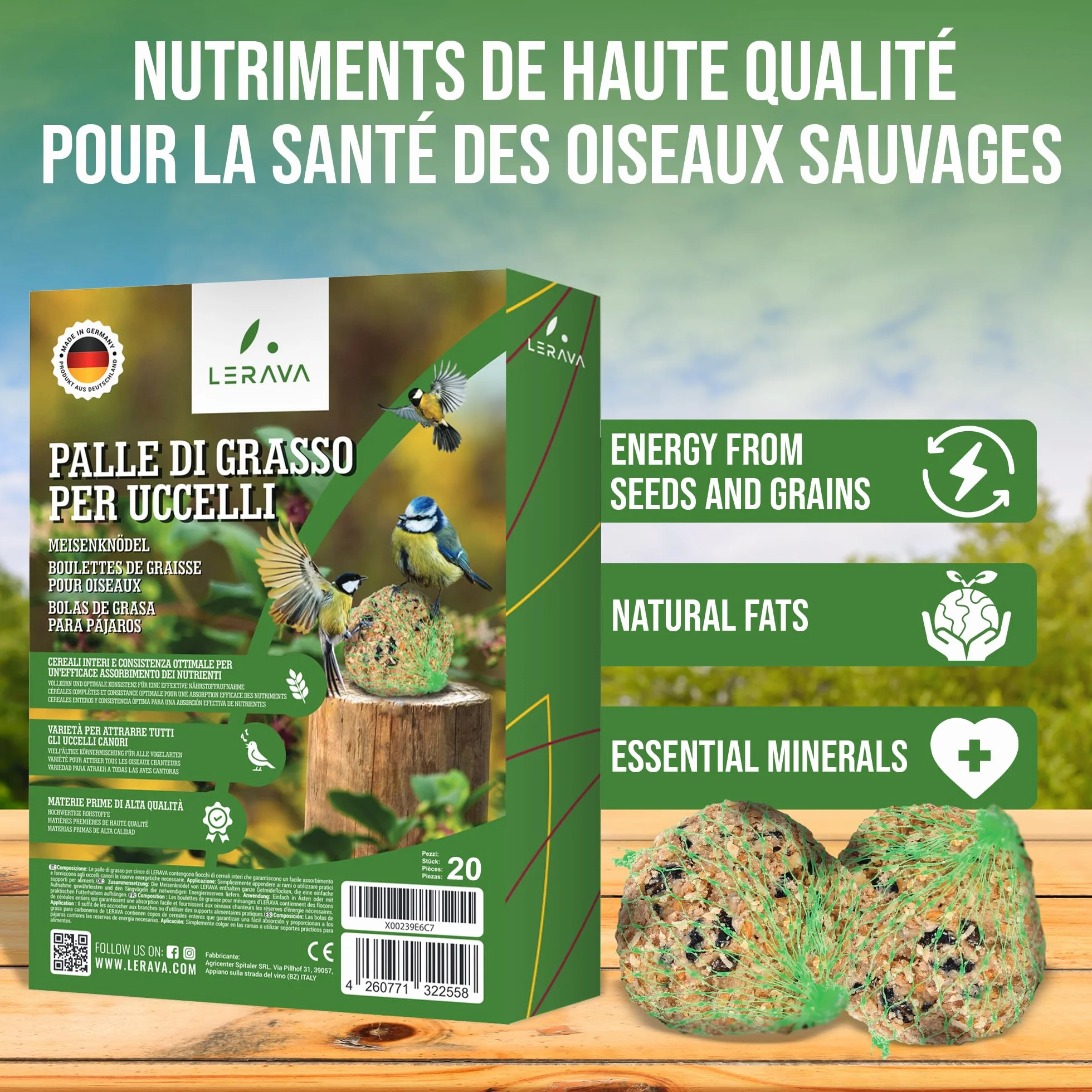 LERAVA Boules de Graisse pour Oiseaux du Jardin 65 pièces Nourriture énergétique Flocons de céréales
