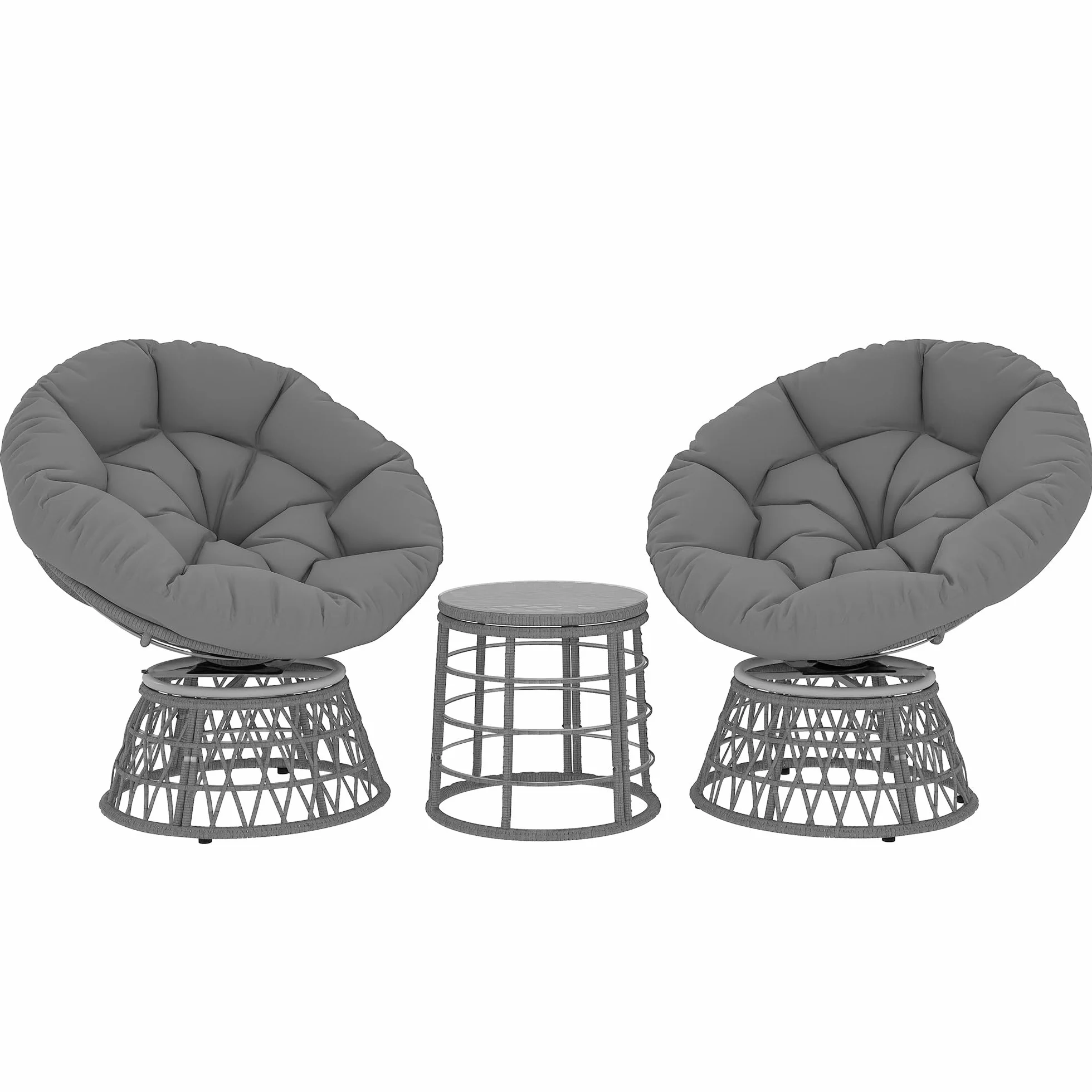 Outsunny Ensemble Salon de Jardin 3 pièces avec Fauteuils Papasan Pivotant et Table Basse Ronde Gris Résine Tressée