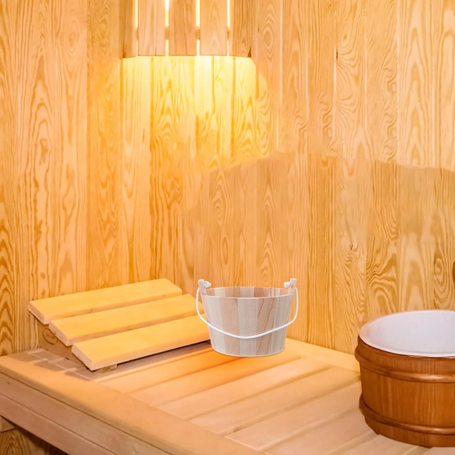 Seau de Sauna en Bois Naturel 5l avec Poignée en Corde pour Sauna Traditionnel