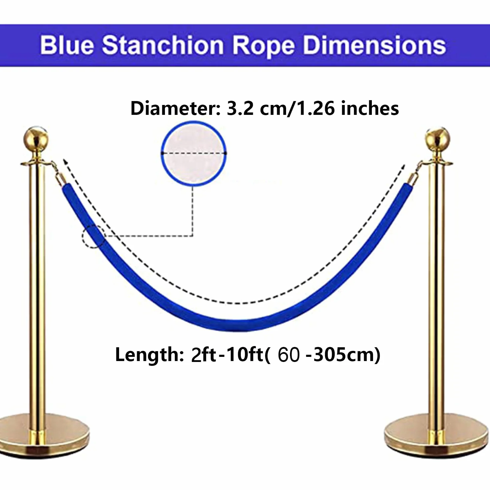 Corde de Velours Bleu 2 Pièces avec Mousquetons pour Contrôle des Foules 90cm