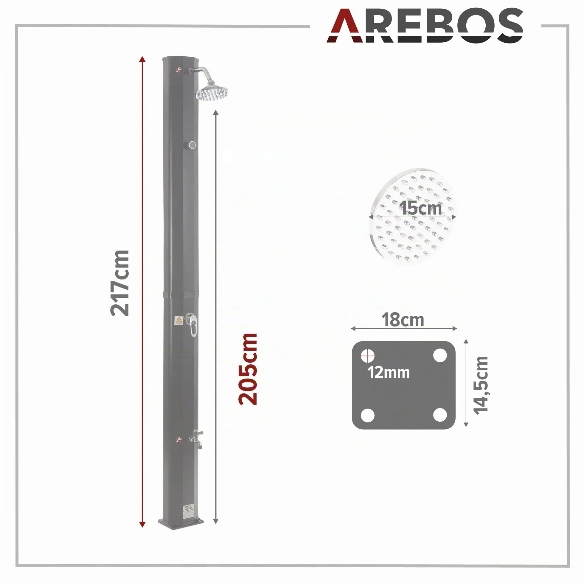 AREBOS Douche Solaire 35 litres 216cm avec thermomètre intégré Noir