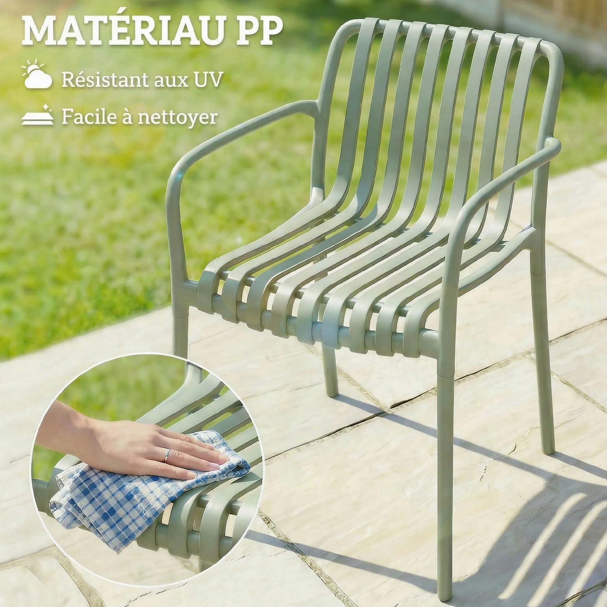 Outsunny Lot de 4 Chaises de Jardin Empilables en Polypropylène Anti-UV - Fauteuil de Terrasse avec Accoudoirs et Dossier à Lattes Ergonomique - Chaises de Salle à Manger Extérieures, Gris Vert