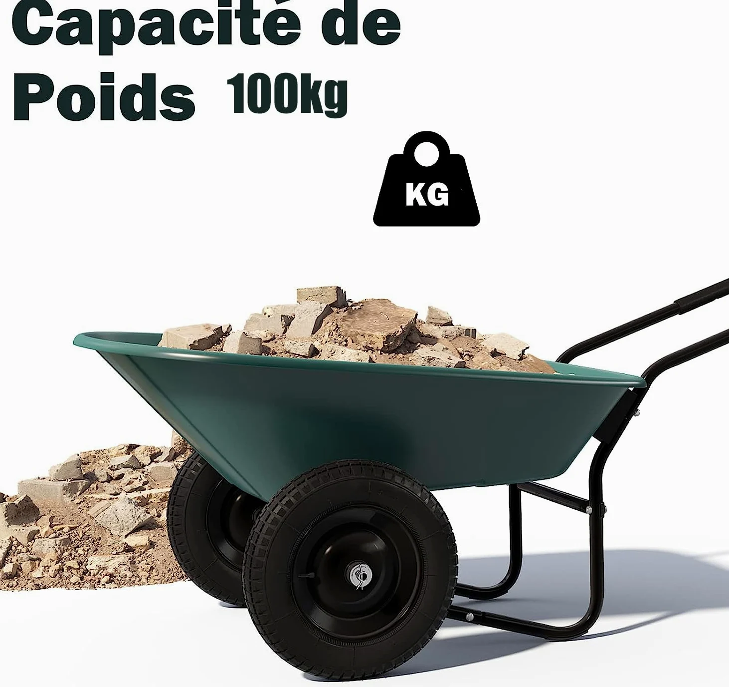 GYMAX Brouette de Jardin 2 Roues avec Cuve de 140 L, Chariot de Jardin avec Contenant en PP, Cadre en Fer Charge 100kg, Pneumatiques pour Tout Terrain, Convient pour Jardin, Patio et Entrepôt (Vert)