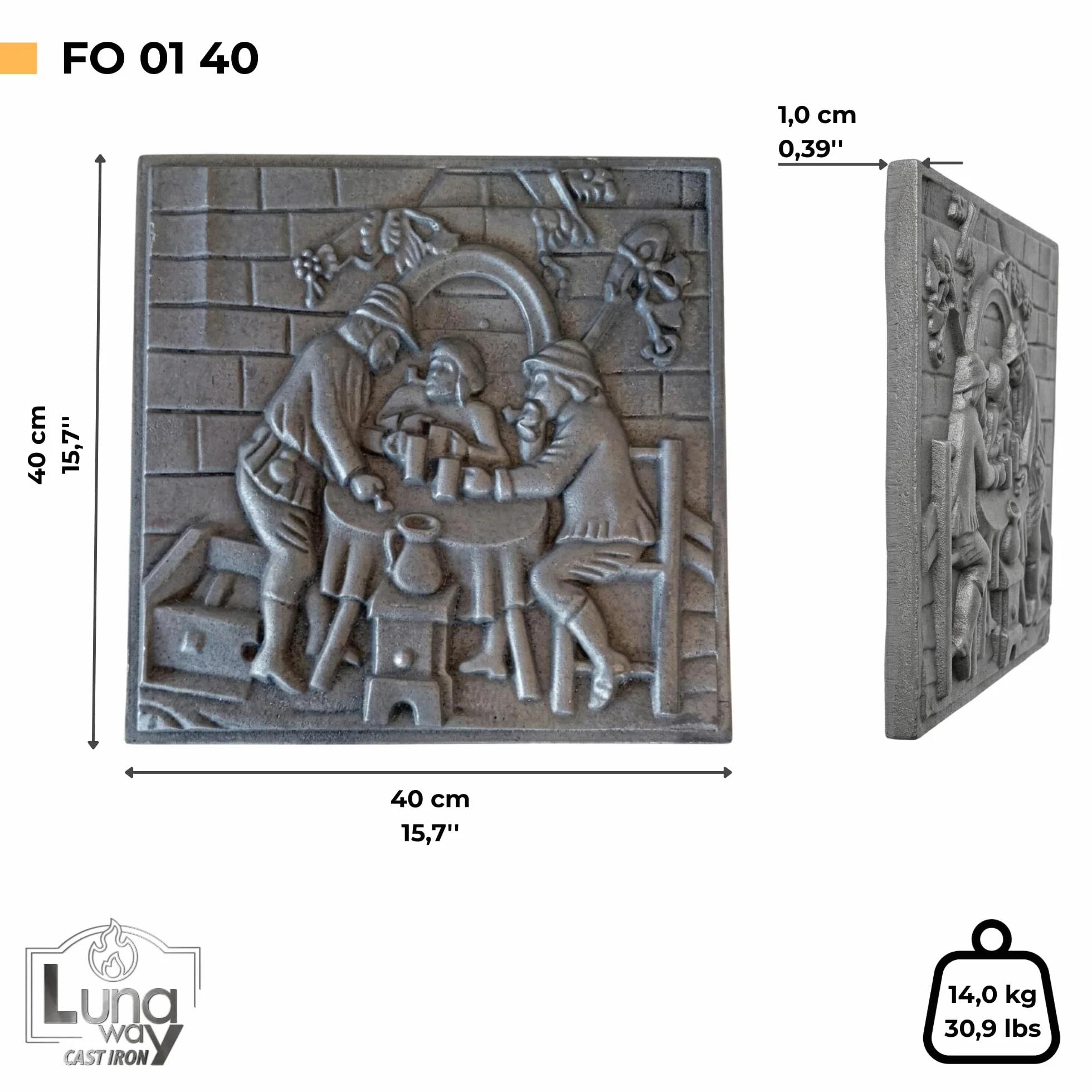 Plaque décorée pour cheminée TAVERNA fonte 40 x 40 cm résistant à l'usure et à la corrosion