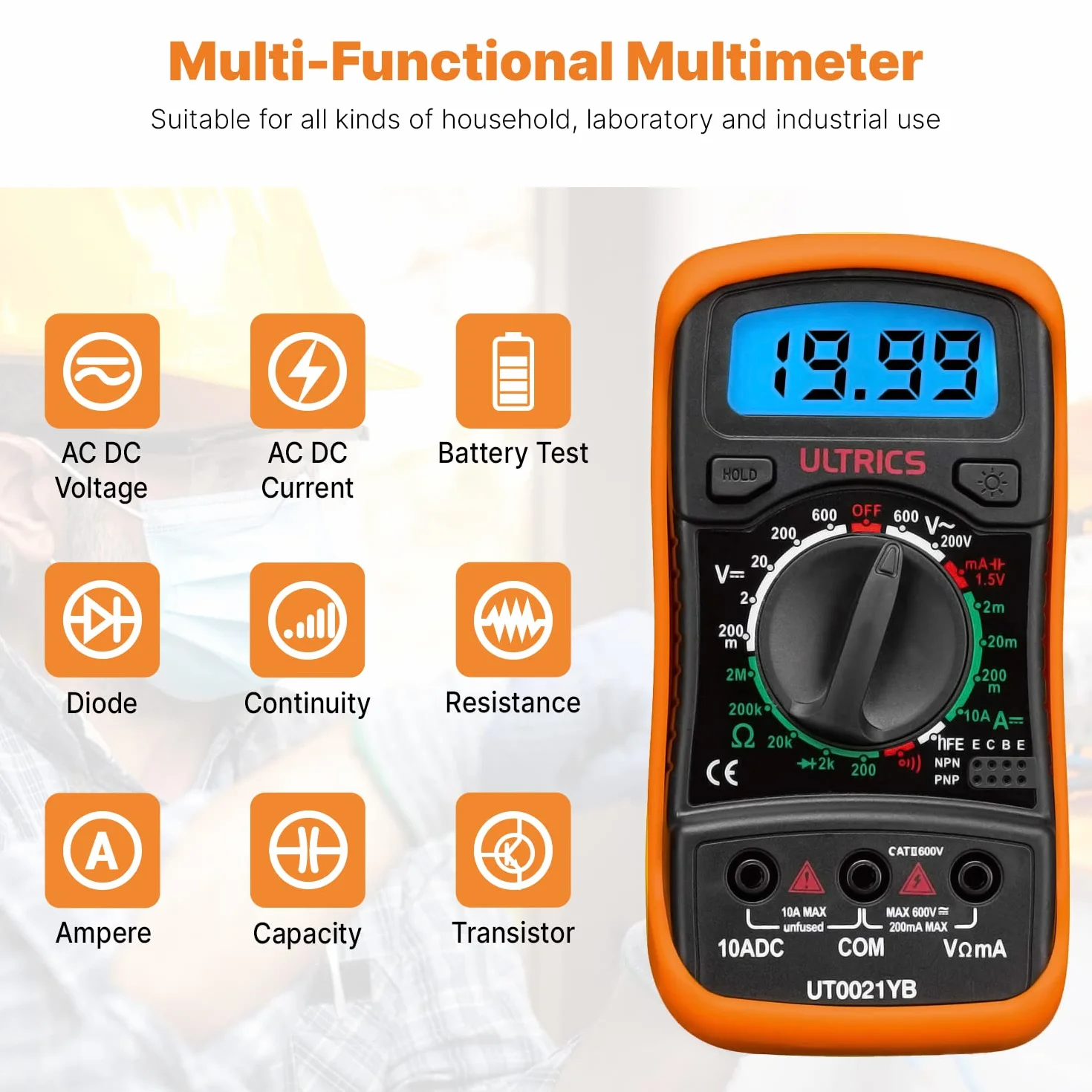 ULTRICS Multimètre Numérique Digital Multimètre Testeur Électrique Multifonctions 4000 AC/DC Tension Courant Résistance Continuité Diode