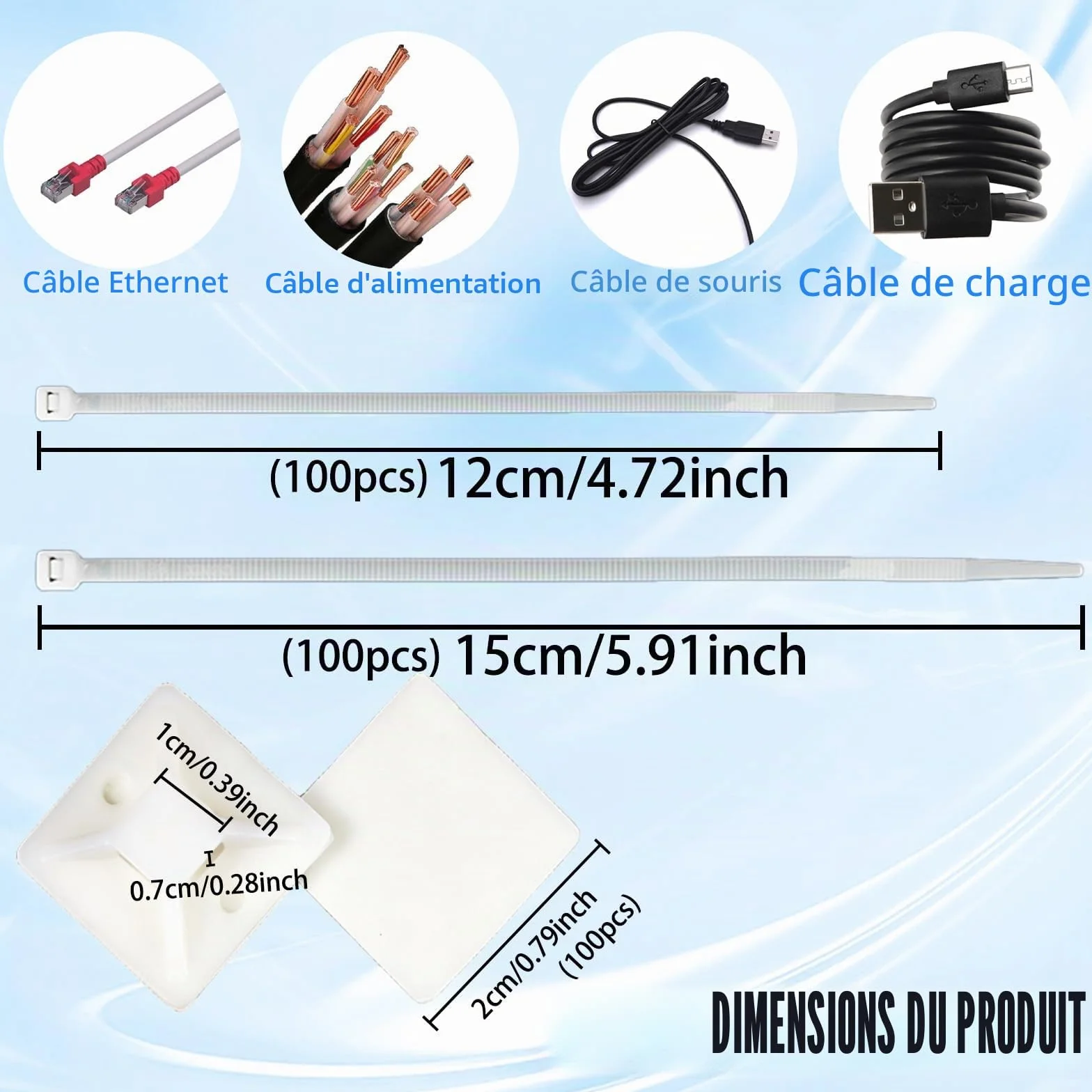 Attaches de câble adhésives blanches 120 mm/150 mm Lot de 200