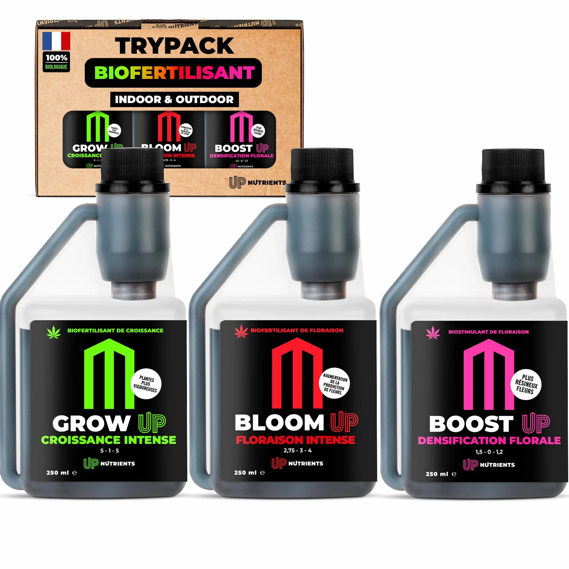 UP NUTRIENTS Trypack Engrais Grow, Bloom & Boost 250 ml | Engrais 100% biologique pour culture en intérieur & extérieur | Enracinement, Croissance et Floraison | Stimulant fleurs et plantes (250 ML)
