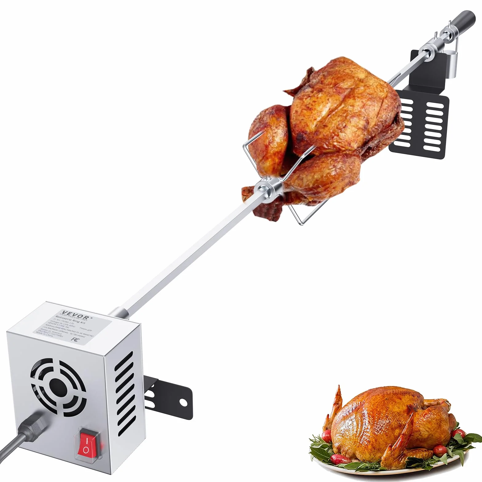 VEVOR Kit de Rôtissoire Électrique Charge 12 kg Tournebroche avec Moteur 9 W 4 TR/Min 101 cm en INOX Rotation Automatique Kit de Rôtisserie pour Poulet Canard Dinde BBQ en Plein Air Camping Randonnée