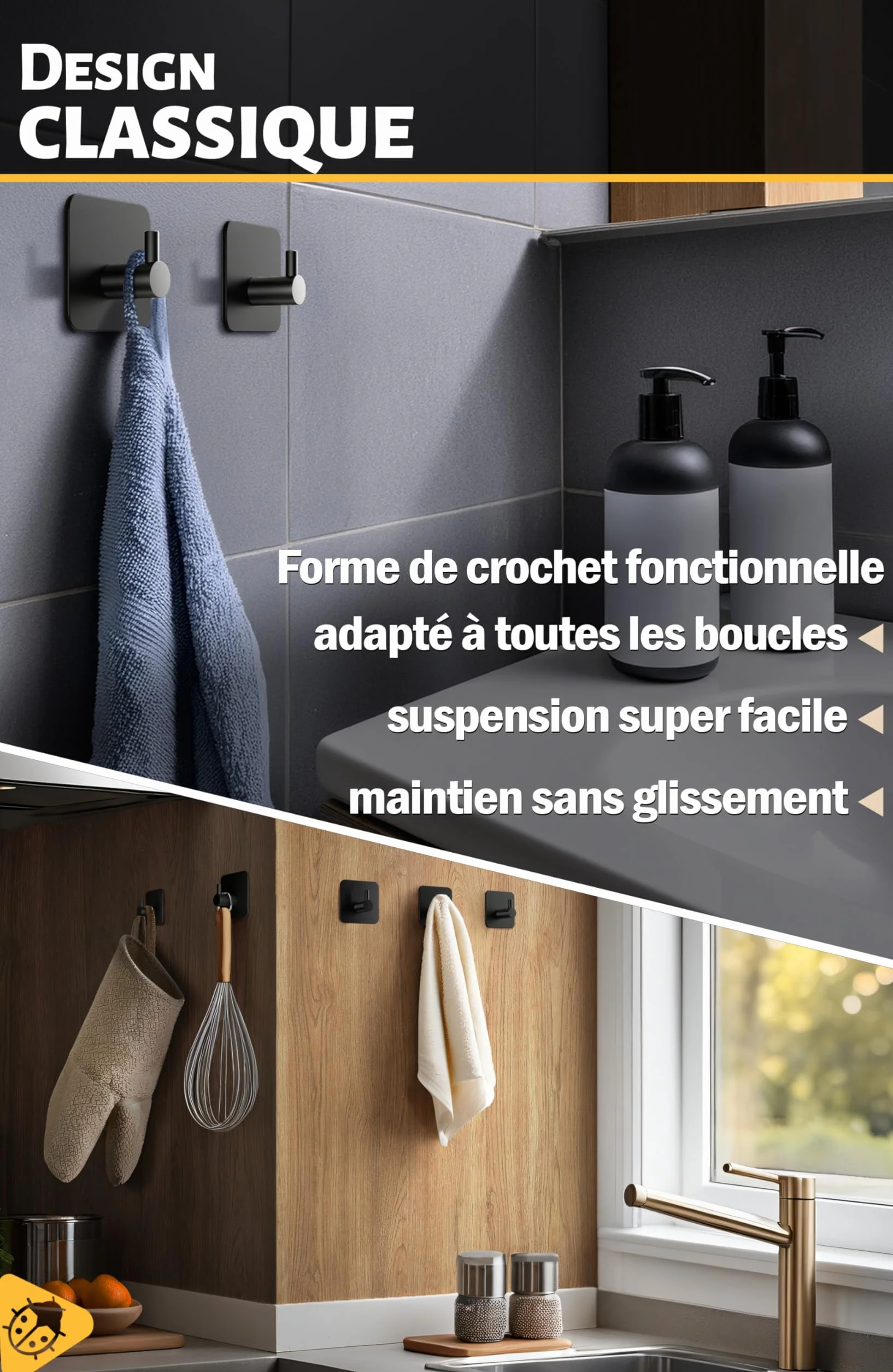 Menz Porte Serviette Crochet Adhesif Mural Acier Inox Noir Imperméable 6 Pièces Salle de Bain Cuisine