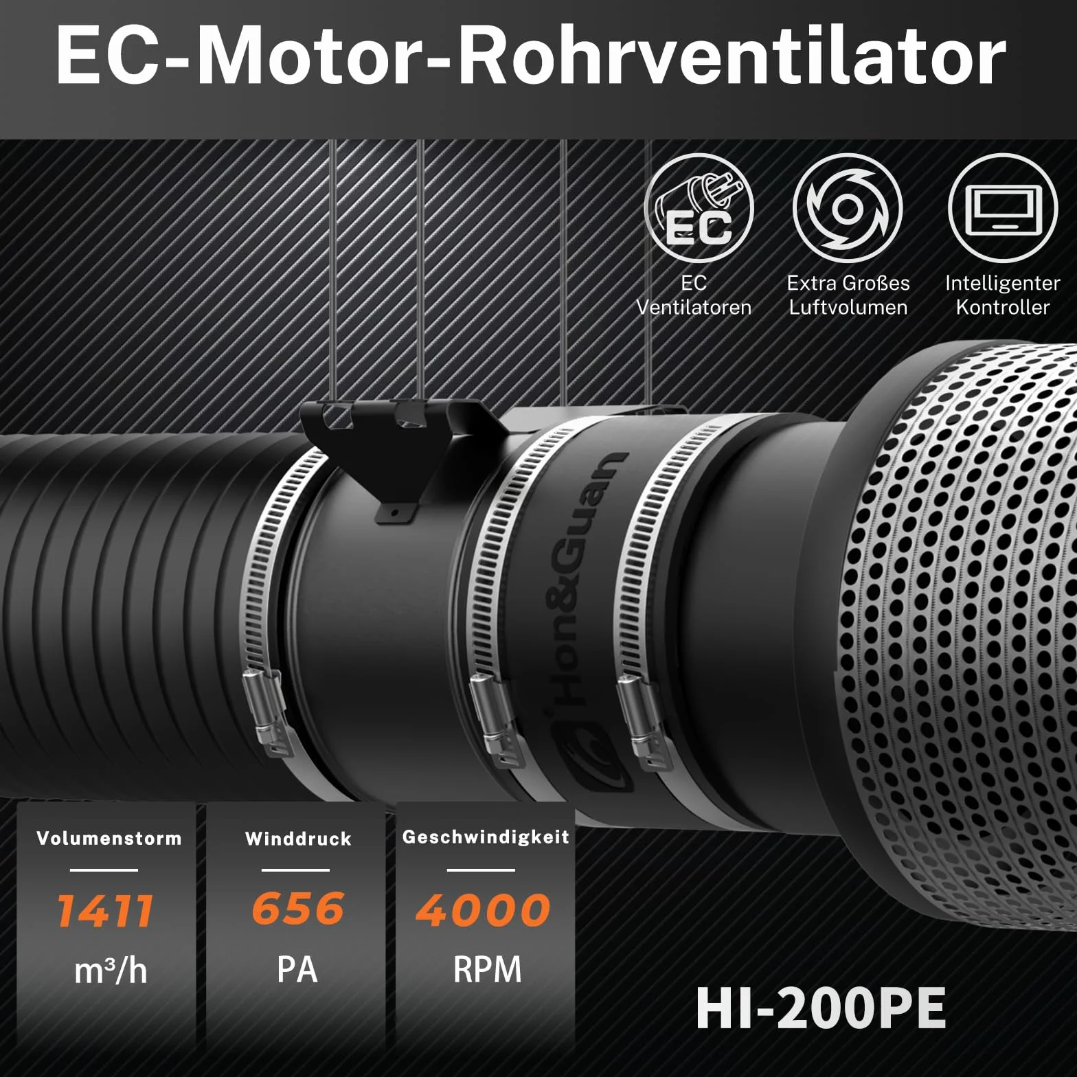 Hon&Guan Ventilateur d'Extracteur 200mm Réglable Capteur Humidité Régulateur de Vitesse Prise EU Tente de Culture