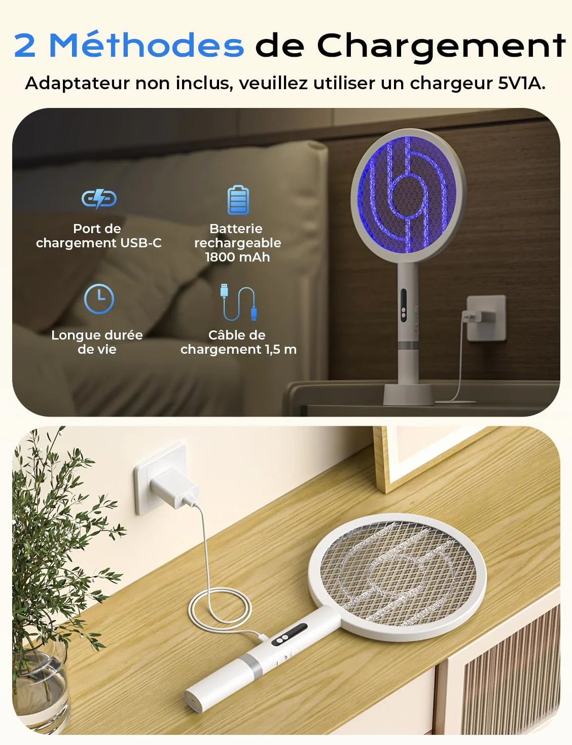 YISSVIC Raquette Electrique Insectes, Raquette Anti Moustique 1800mAh Tapette Puissante 4000V ave Base Rechargeable Chargement USB-C Lutte Contre Moustiques Mites Fourmis Volantes, Blanc