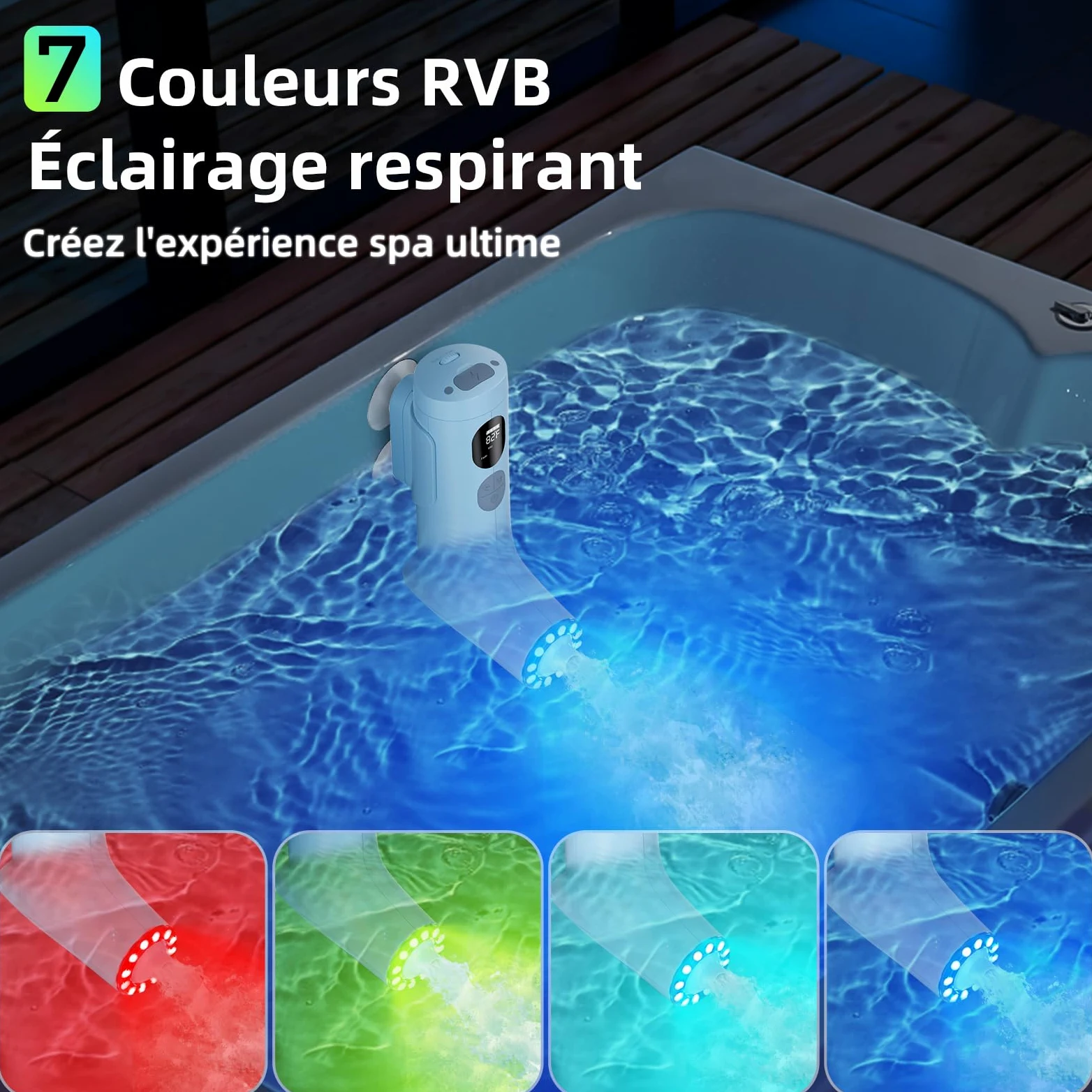 Spa de bain jet avec mode mousse, jet d'eau à 3 niveaux, 7 couleurs RVB, IP67, affichage de la température, plaisir du bain en famille à la maison