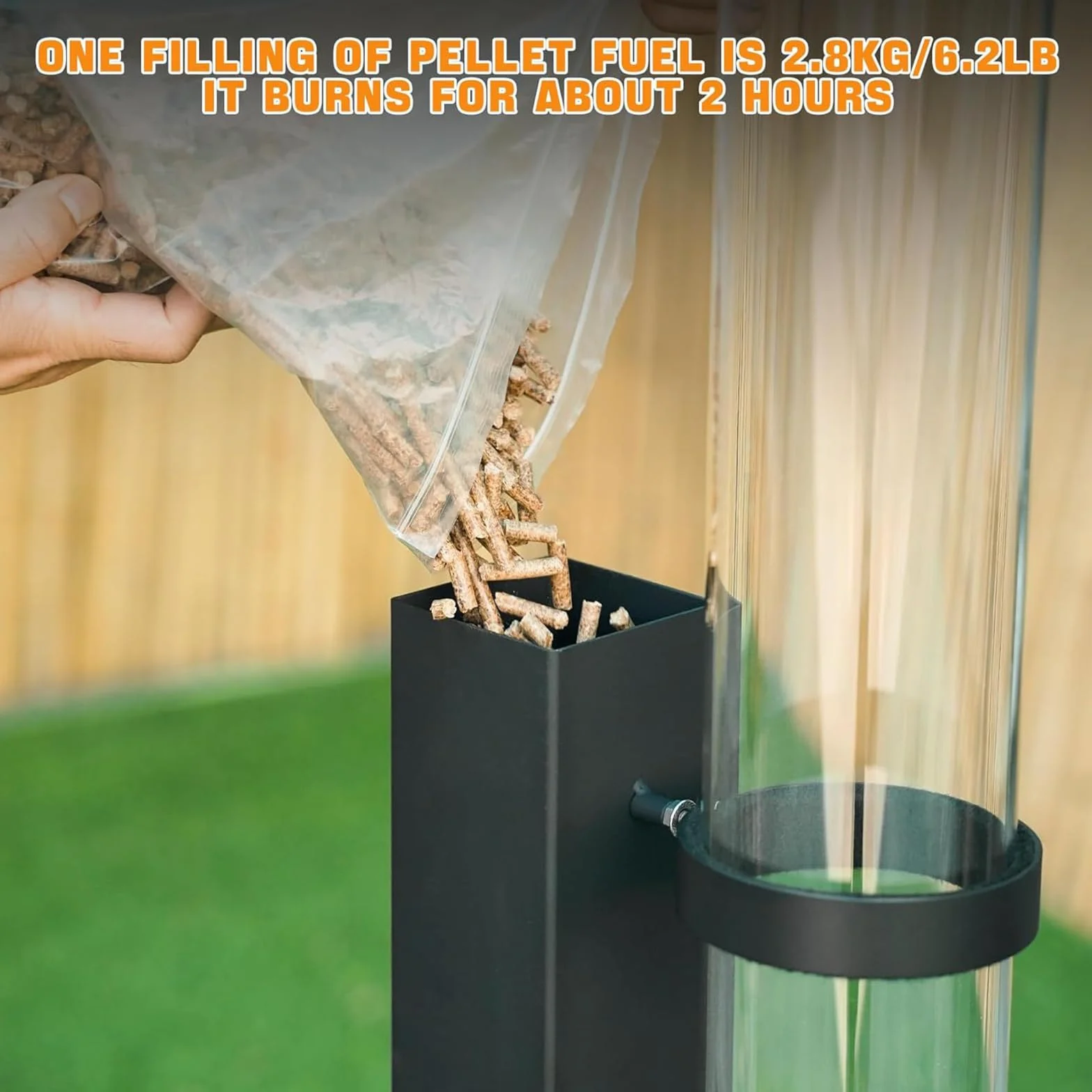 Kit Pellet Torch avec Tube en Verre Cheminée Extérieur pour Terrasse Ecoénergétique Brûleur Durable Fonctionne 2 Heures avec 28 kg de Granulés en Fer et Verre Borosilicaté