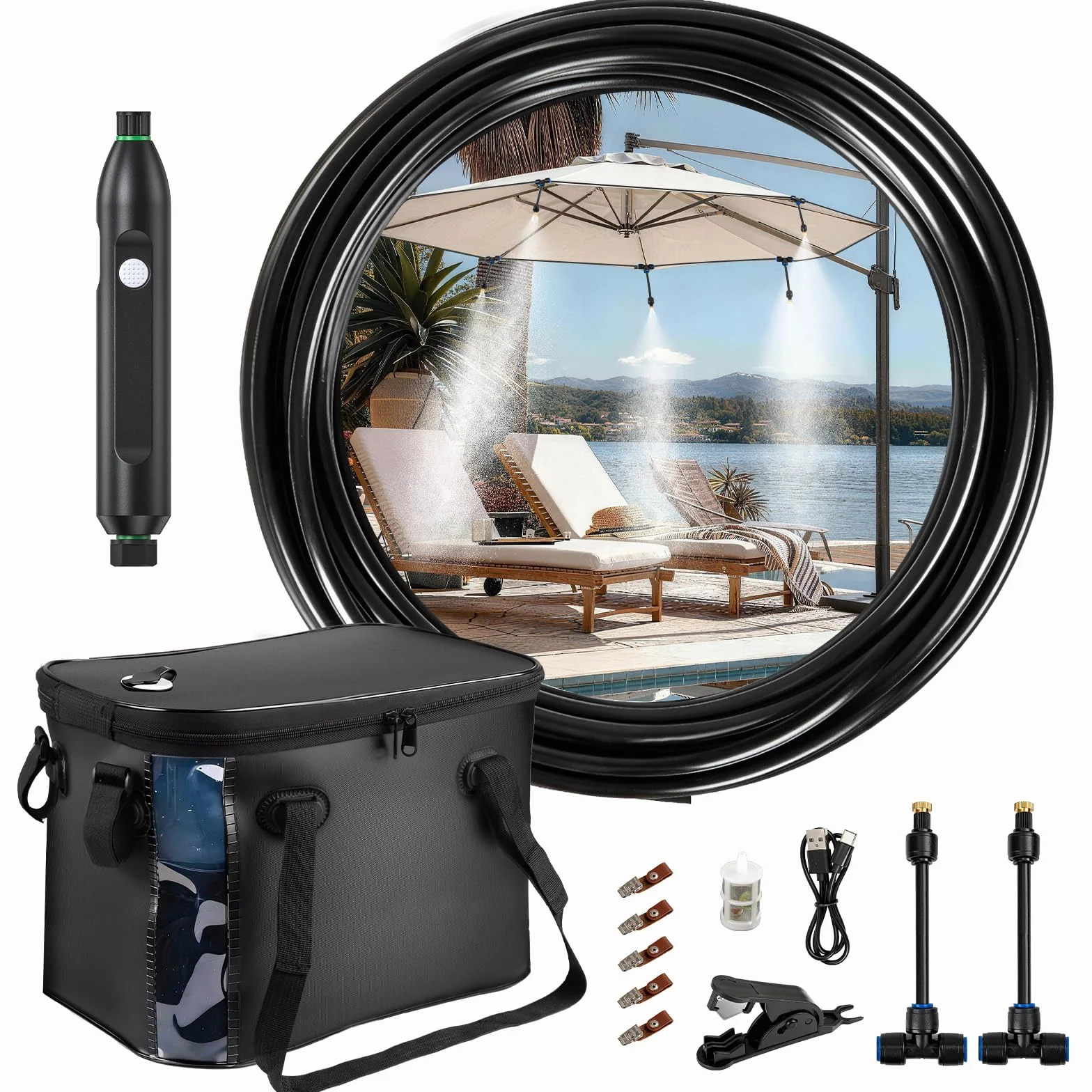 Brumisateur portable 7,9 m terrasse extérieure – Système brumisation avec pompe 4500 mAh, seau 20 L, 8 buses