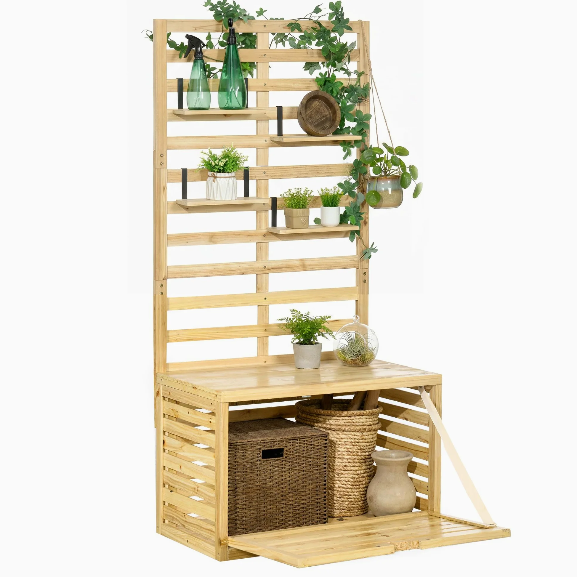 Outsunny Boîte de rangement, coffre de rangement avec treillis, boîte de rangement avec étagères, coffre de jardin, boîte à coussins, en bois massif, naturel, 80 x 45 x 160 cm