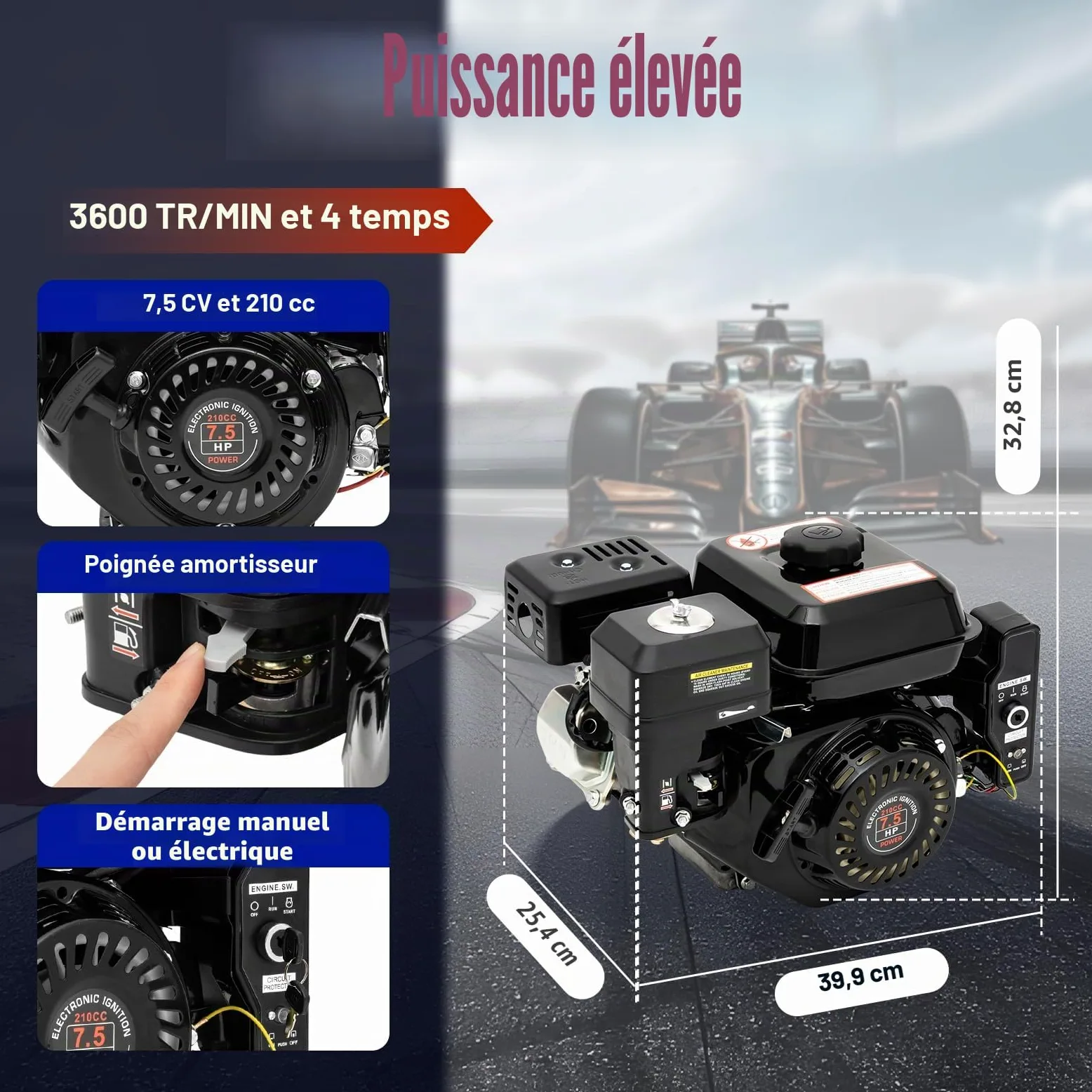 DIFU Moteur à essence 7,5 CV avec démarreur électrique | Moteur 4 temps Go Kart 210cc | Faible consommation de carburant | Moteur de kart à arbre de 20 mm avec fonction d'alarme d'huile pour