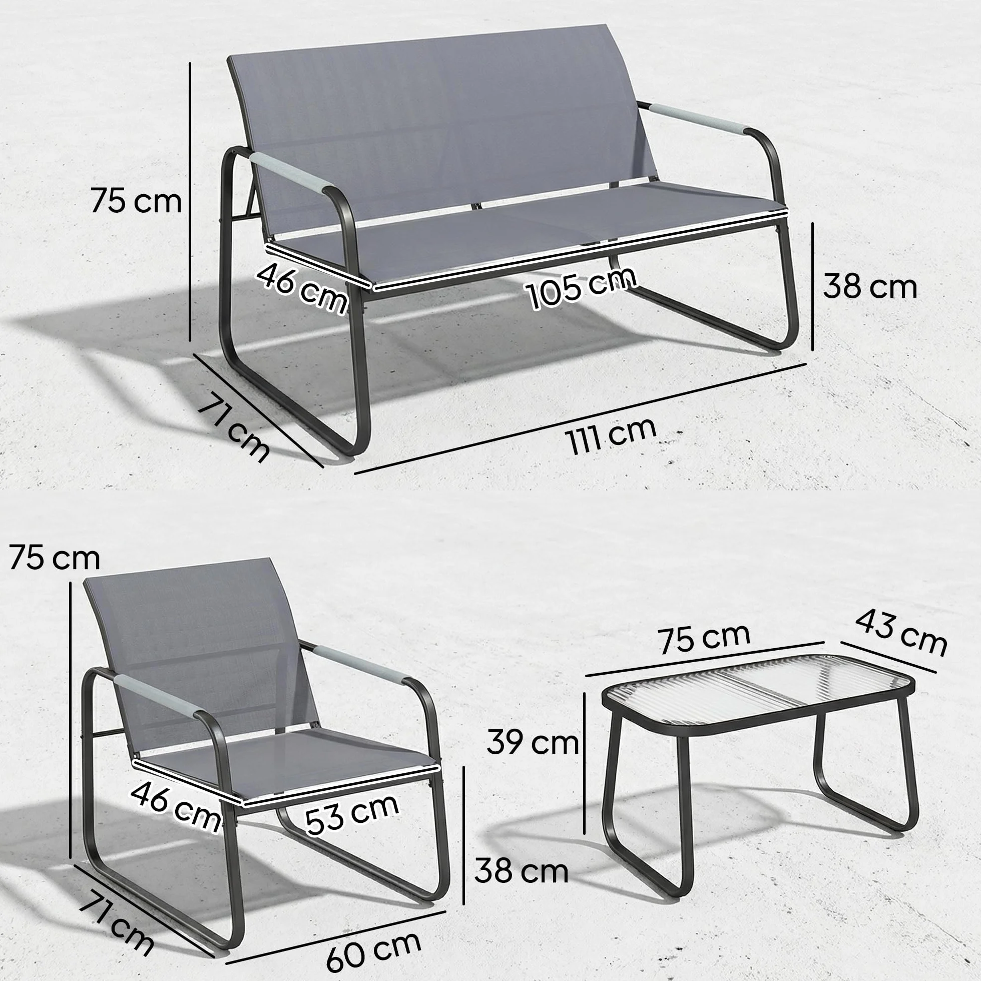 Outsunny Salon de Jardin 4 Pièces Acier Textilène Ensemble Terrasse Accoudoirs Corde Tressée Canapé 2 Places Fauteuils Table Basse Verre Trempé Gris