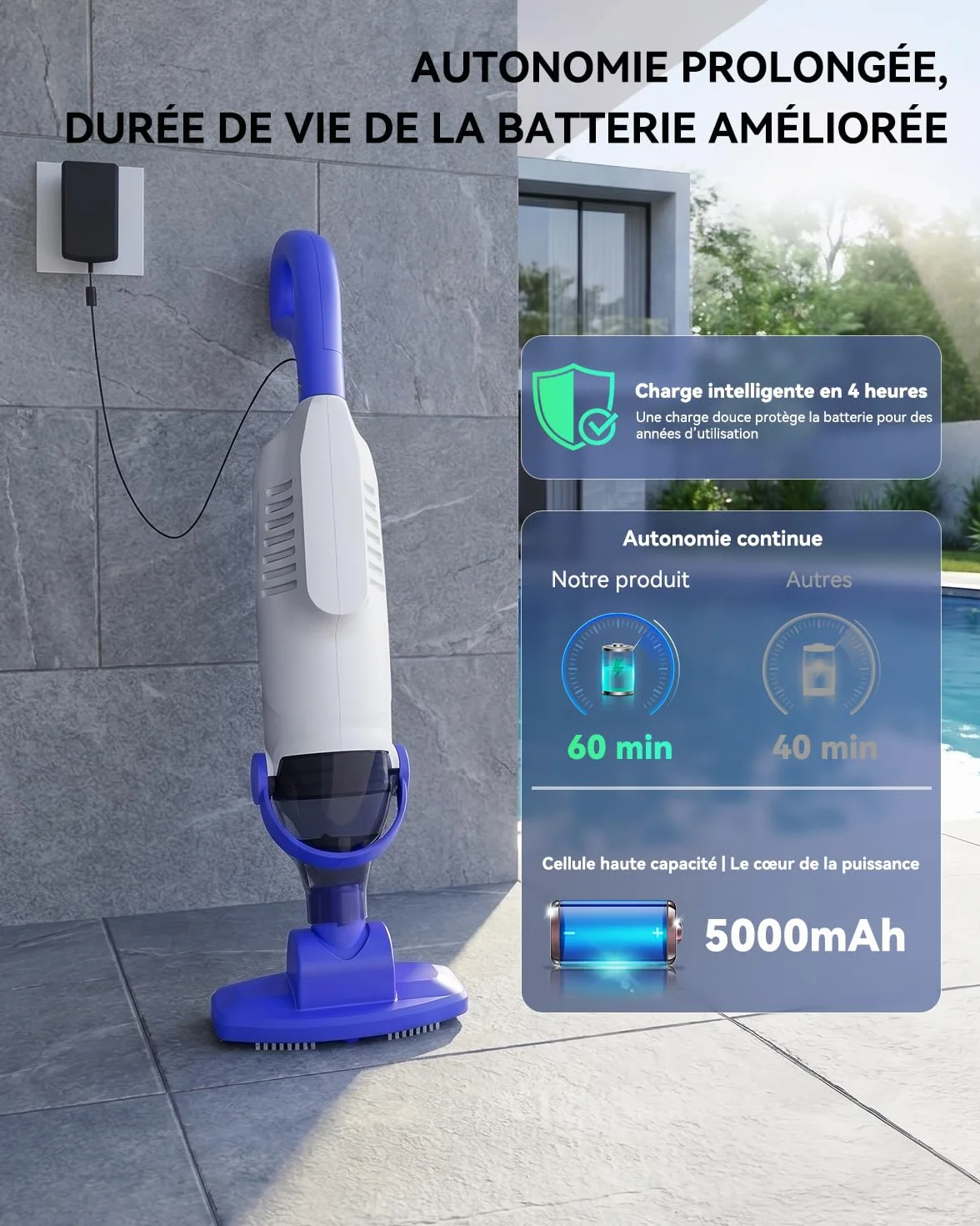 Aspirateur Piscine Manuel 60 Min Autonomie avec Filtres et Brosse pour Piscine Spa Jacuzzi
