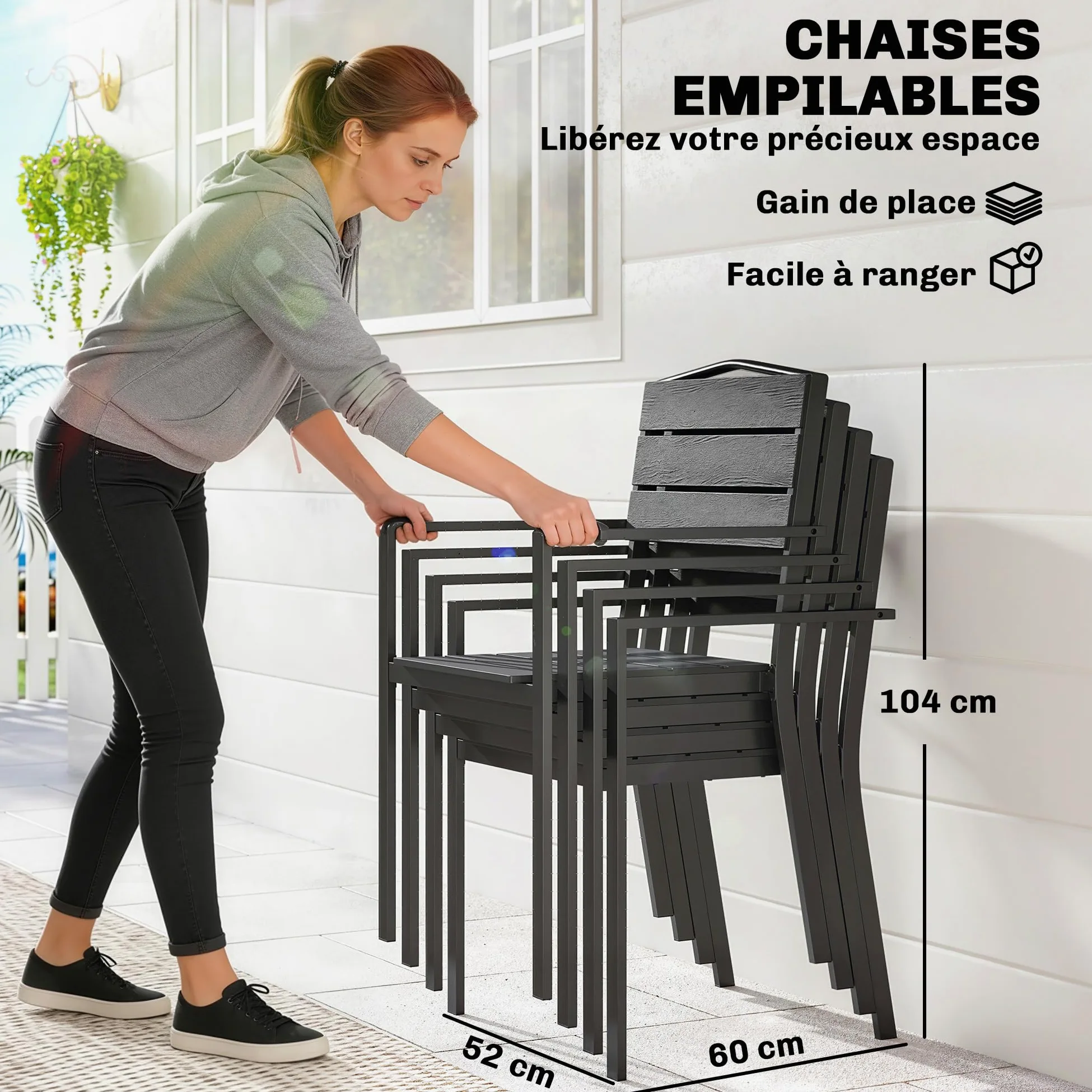 Outsunny Lot de 4 Chaises de Jardin Chaises de Salle à Manger Empilables - HDPE Effet Bois avec Accoudoirs Résistant aux Intempéries - Fauteuils Extérieurs pour Terrasse Balcon Repas Plein Air, Noir