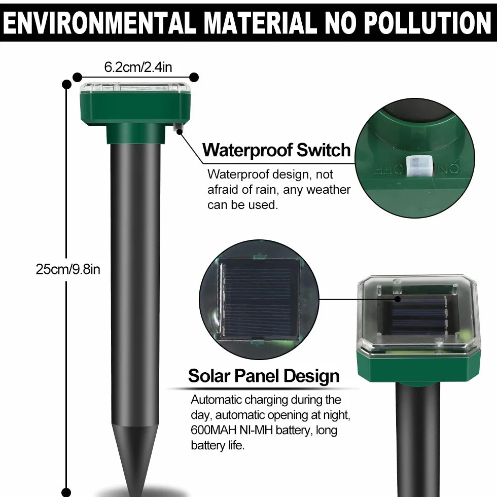 Lot de 4 répulsifs solaires anti-taupes : IP65 étanche - Répulsif contre les taupes - Répulsif solaire à ultrasons pour la répulsion des taupes - Lutte contre les parasites pour le jardin