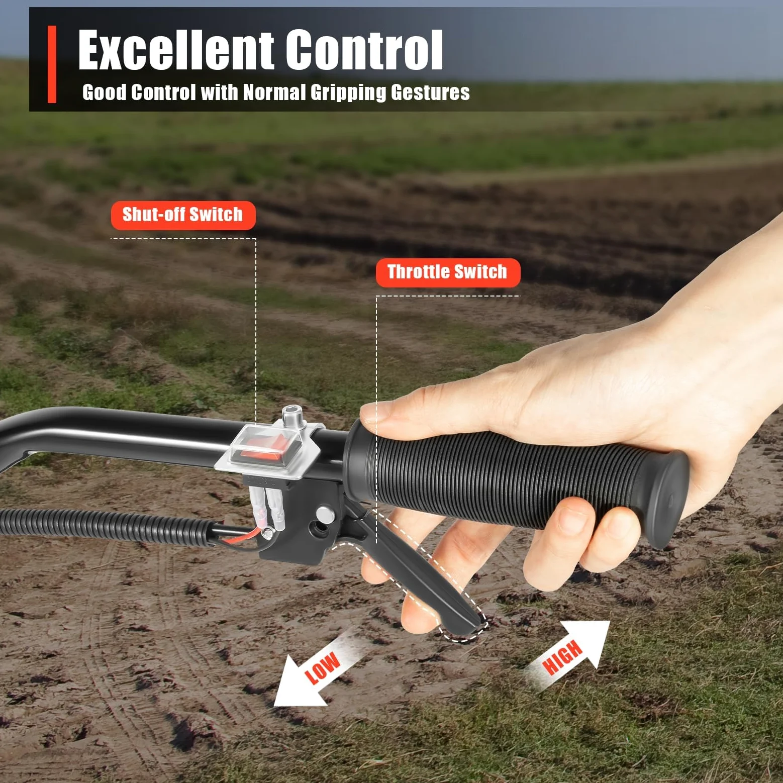 Motoculteur Thermique 52cc 1700W, Motobineuse Puissante à 2 Temps, Largeur de Travail 30cm Profondeur 12cm, Léger et Durable avec Lames en Acier au Manganèse, Idéal pour Jardin
