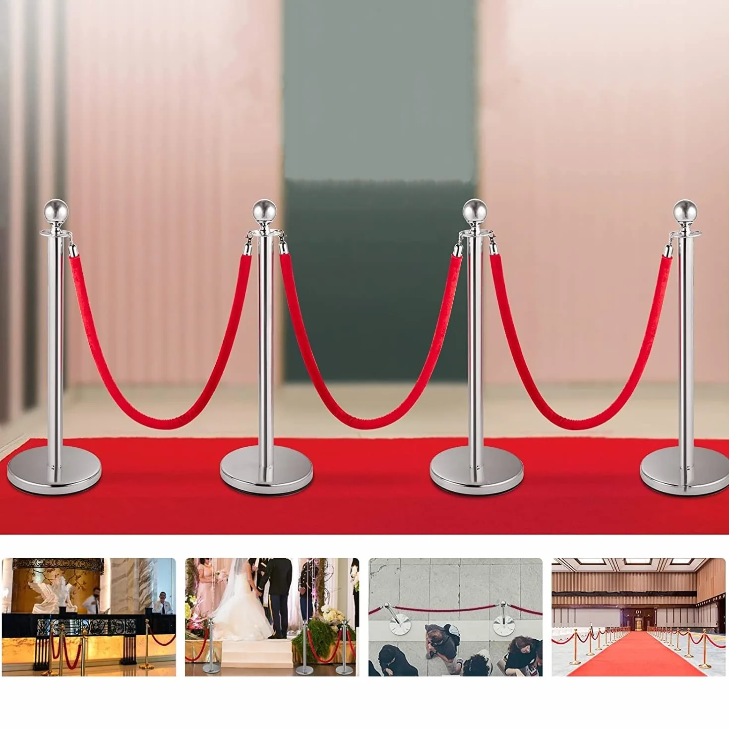 Poteaux de Guidage avec Corde en Velour Rouge 1,5 m, Barrière de Queue pour Contrôle de Foule, Base Creuse Argent