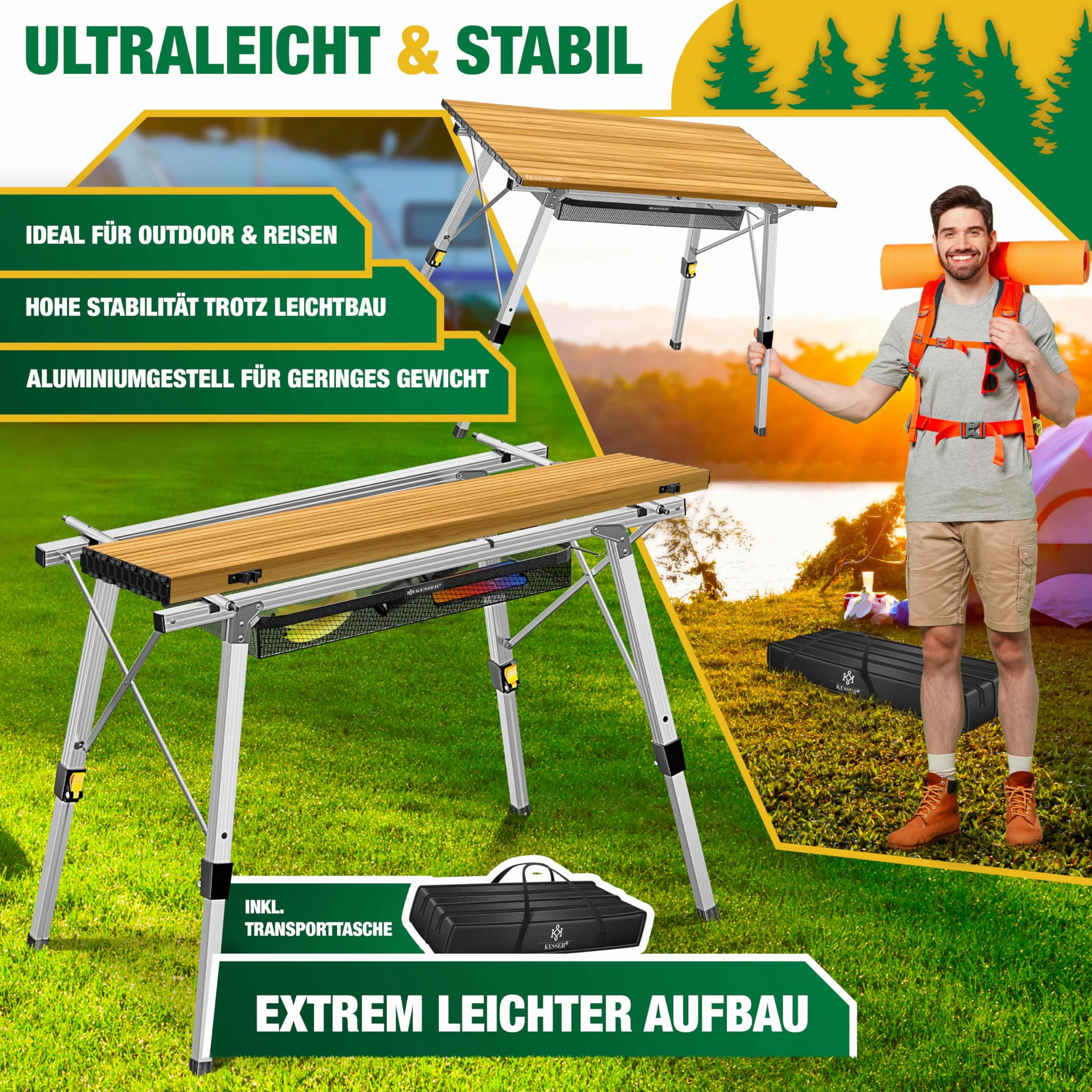 KESSER Table de camping pliable aluminium 120x70 cm réglable 100 kg avec sac de transport