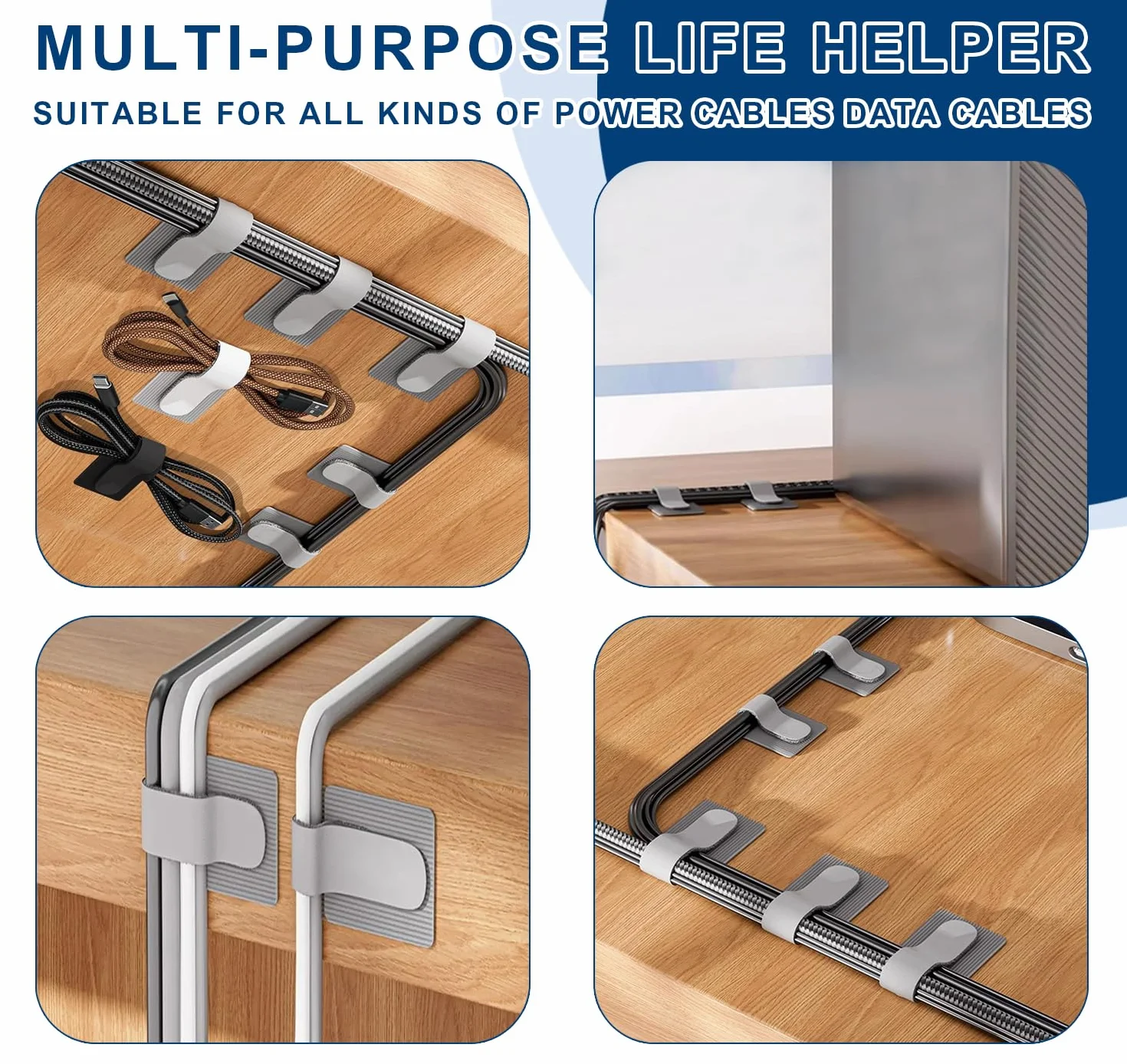 Clips Auto Adhésifs pour Rangement de Cables, Lot de 50, Organisateur de Cables Réutilisable Réglable sous Bureau, Gris