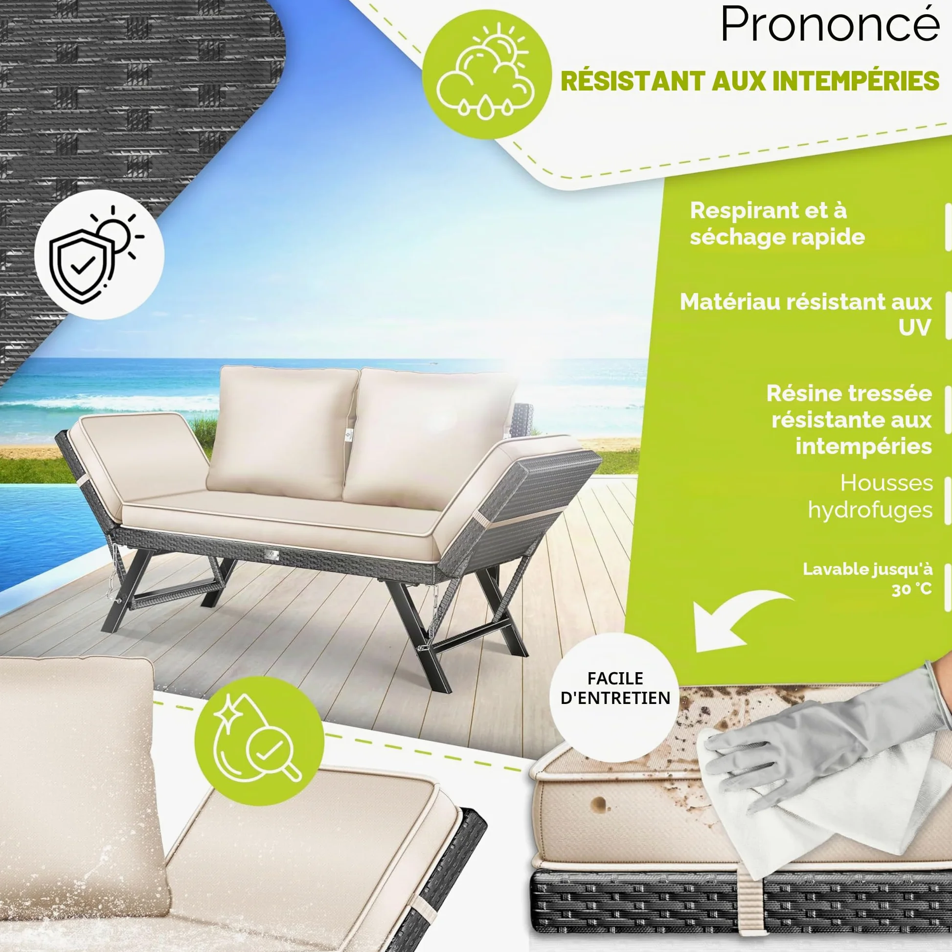 KESSER® Luna Banc de jardin en polyrotin avec fonction allongée, 4 en 1, résistant aux intempéries, canapé de balcon, canapé réglable, accoudoirs réglables, rembourrage extra épais