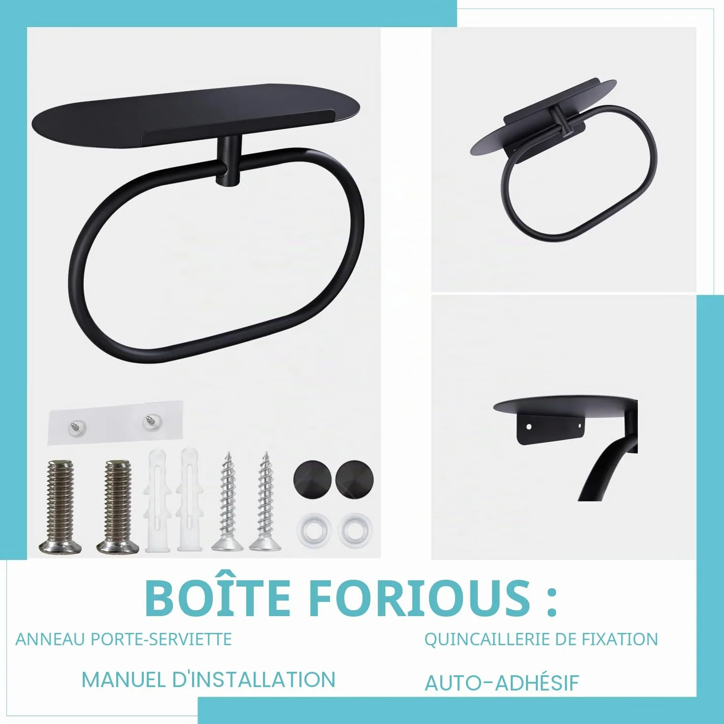 DIY ZON Anneau Porte-Serviettes Acier Inoxydable Auto-Adhésif Mural Salle de Bain Cuisine Noir