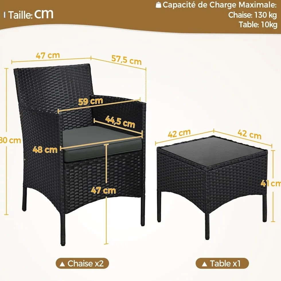 Yaheetech Salon de Jardin Exterieur Ensemble Mobilier de Jardin 2 Personnes Fauteuils et Table Basse Plateau Verre 2 Coussins Tressée pour Balcon Noir/Girs