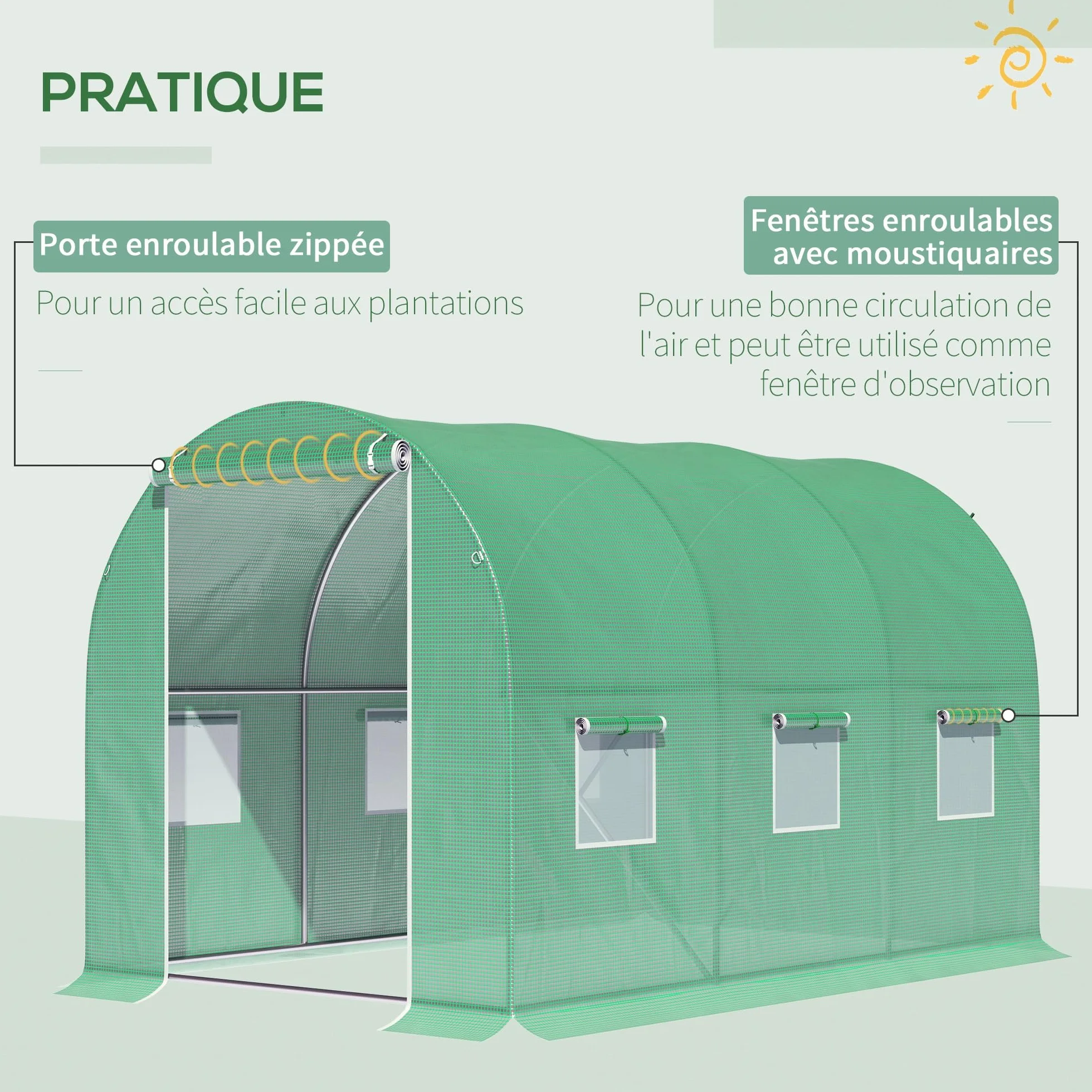 Outsunny Tunnel Serre de Jardin Surface au Sol 6 m² dim. 3 x 2 x 2 m Châssis Tubulaire renforcé Porte battante 6 fenêtres enroulables Vert