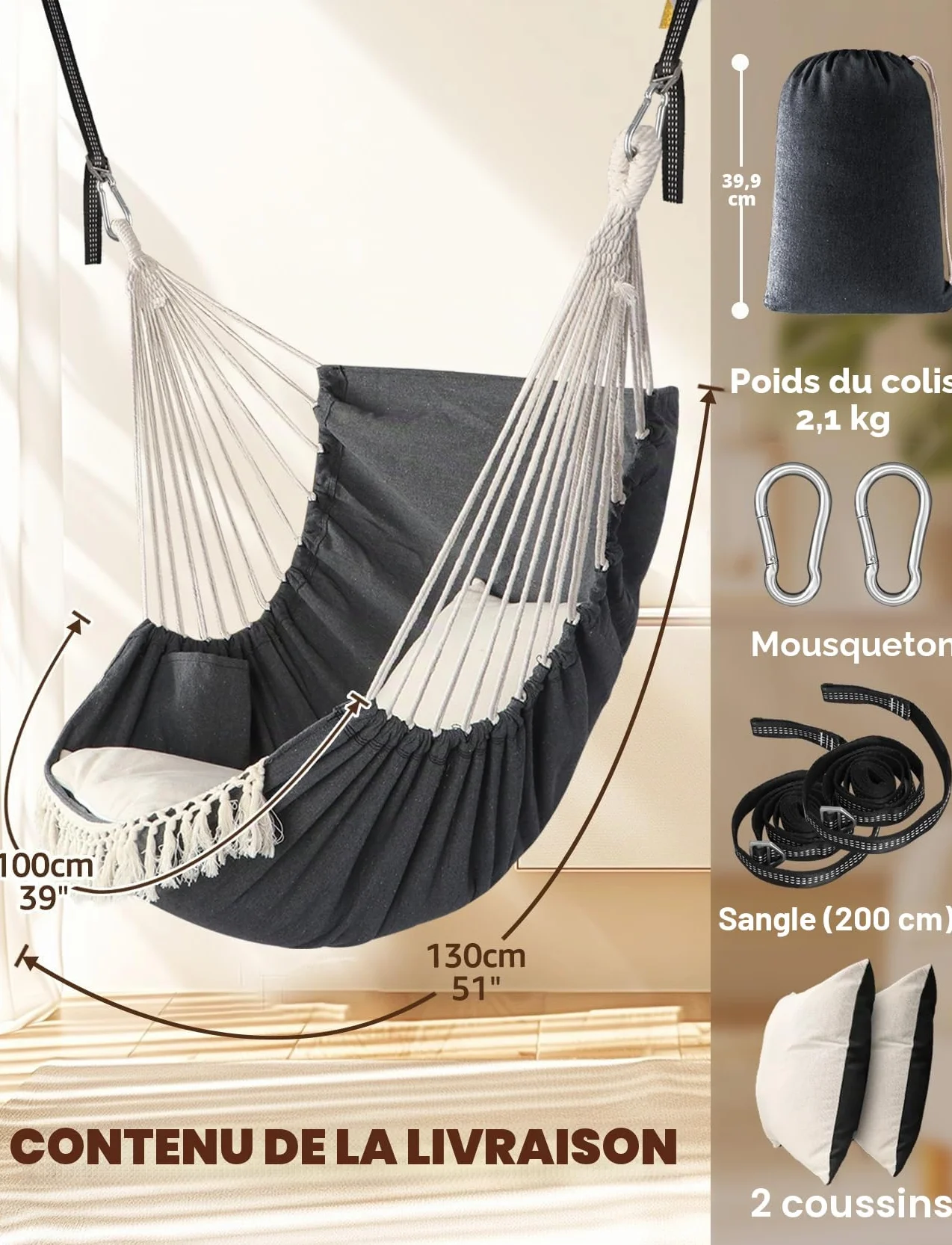Chihee Sièges Suspendus Chaise suspendue Hamac 2 oreillers Inclus Sangles crochets solides coton doux