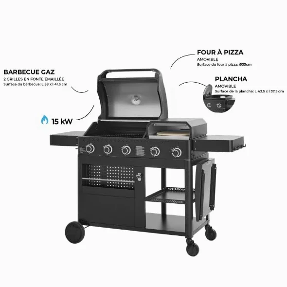 Cook'in Garden - Barbecue Gaz FLAMY, 3 en 1, Plancha + Four à Pizza + barbecue gaz 3 brûleurs, Grilles en fonte émaillée