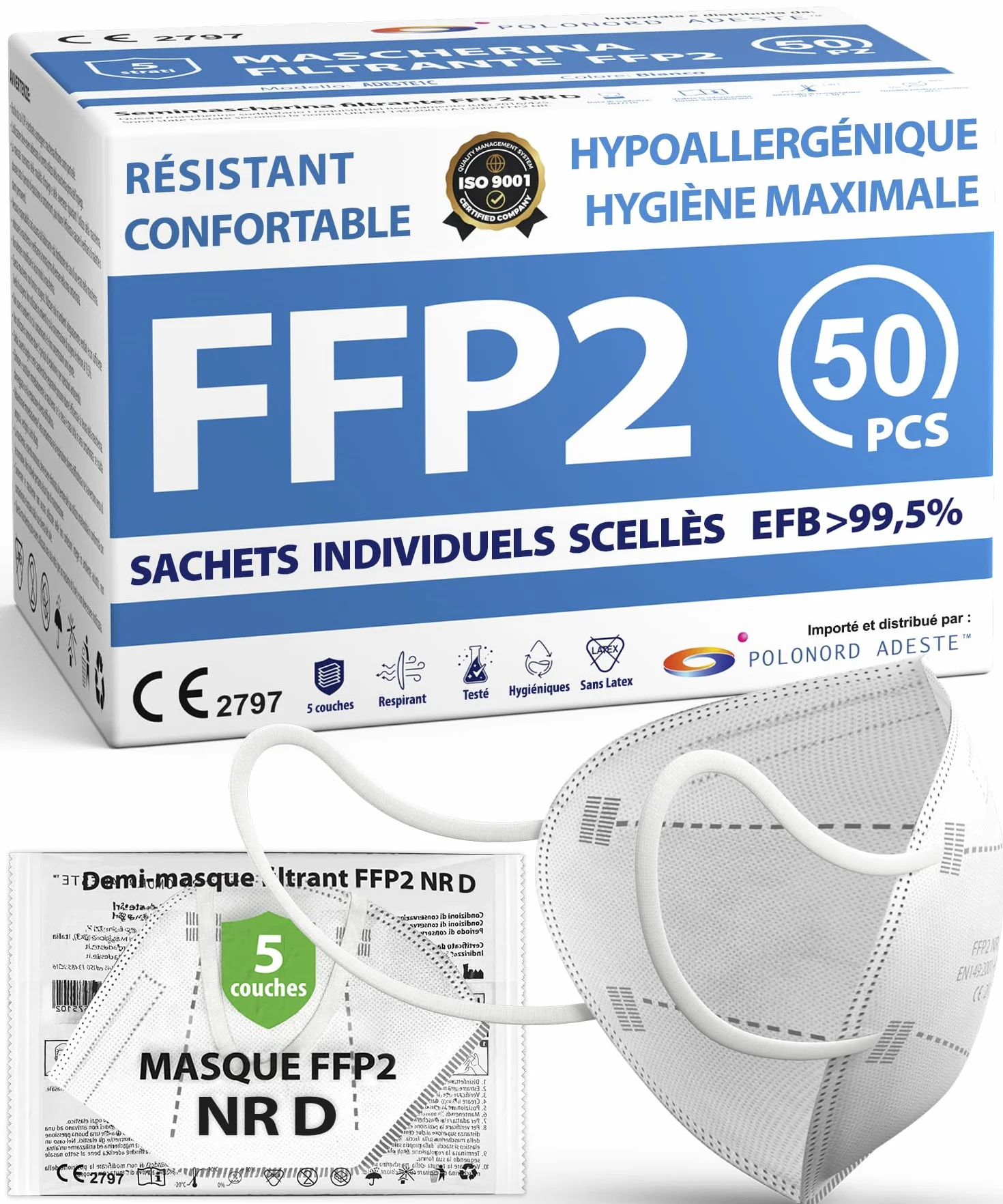 ADESTE 50 Masques FFP2 Blancs Certifiés CE EFB 99,5% Emballage Individuel