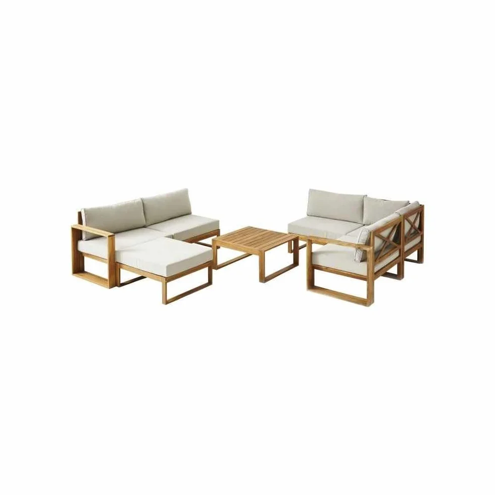 Salon de Jardin LEVATA en Bois dacacia FSC - 6 Personnes avec Ottoman - Coussins Gris et Deux Tons + Housse Incluse