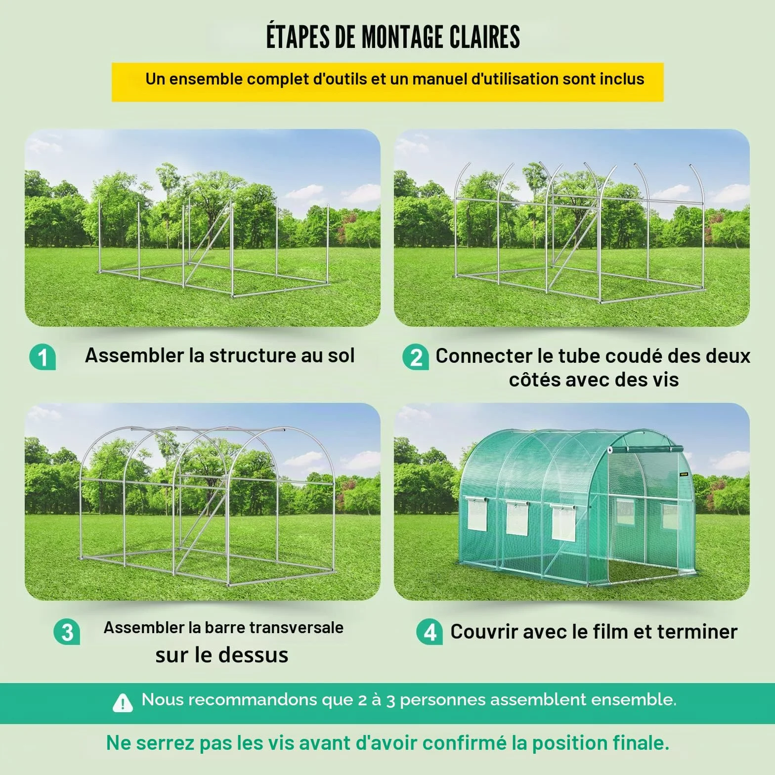 VEVOR Serre Tunnel Jardin 3x2,1x2,1 m Tente Abri Plantes Cadre en Acier Galvanisé Couverture Étanche en PE 1 Poutre Supérieure 2 Poteaux Diagonaux 1 Porte 6 Fenêtres pour Cultiver Légumes Fleurs Vert